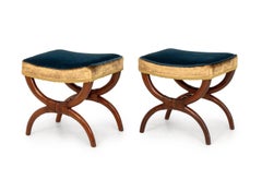 Empire Style Velvet Upholstered Curule Stools, Pr.