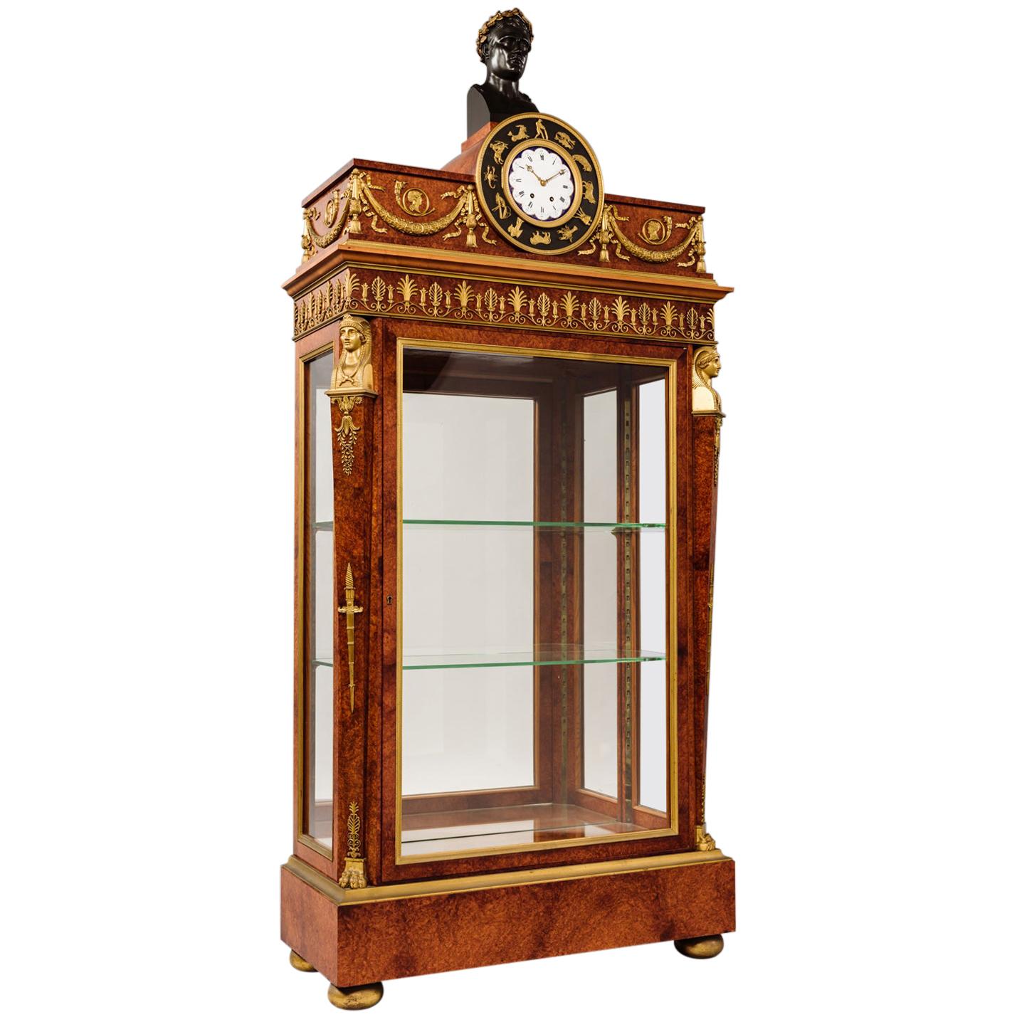 Empire Style Vitrine Cabinet with Integral Clock by Eugene Brunet For Sale