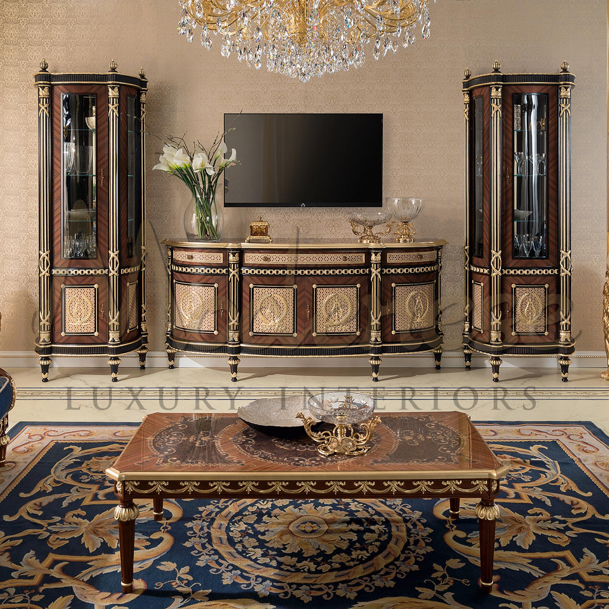 Your home interior will never be the same with this Modenese Gastone Luxury Interior masterpiece. From the bottom-up: empire style legs, inlays with decorative woods and radica insert, dark finished columns with gold leaf lined details and a slim