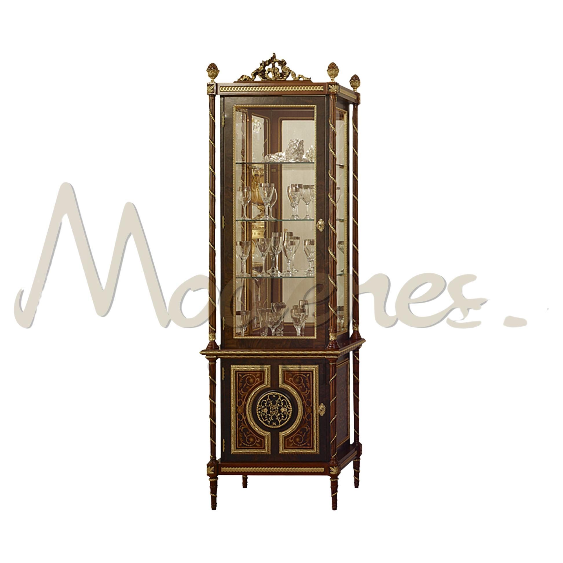 Turn your house into a lavish private residence with Modenese Gastone's Luxury furniture. Add this majestic three-sides vitrine in a revisited empire-style revival featuring precious radica inlays made from different wood types and gold leaf