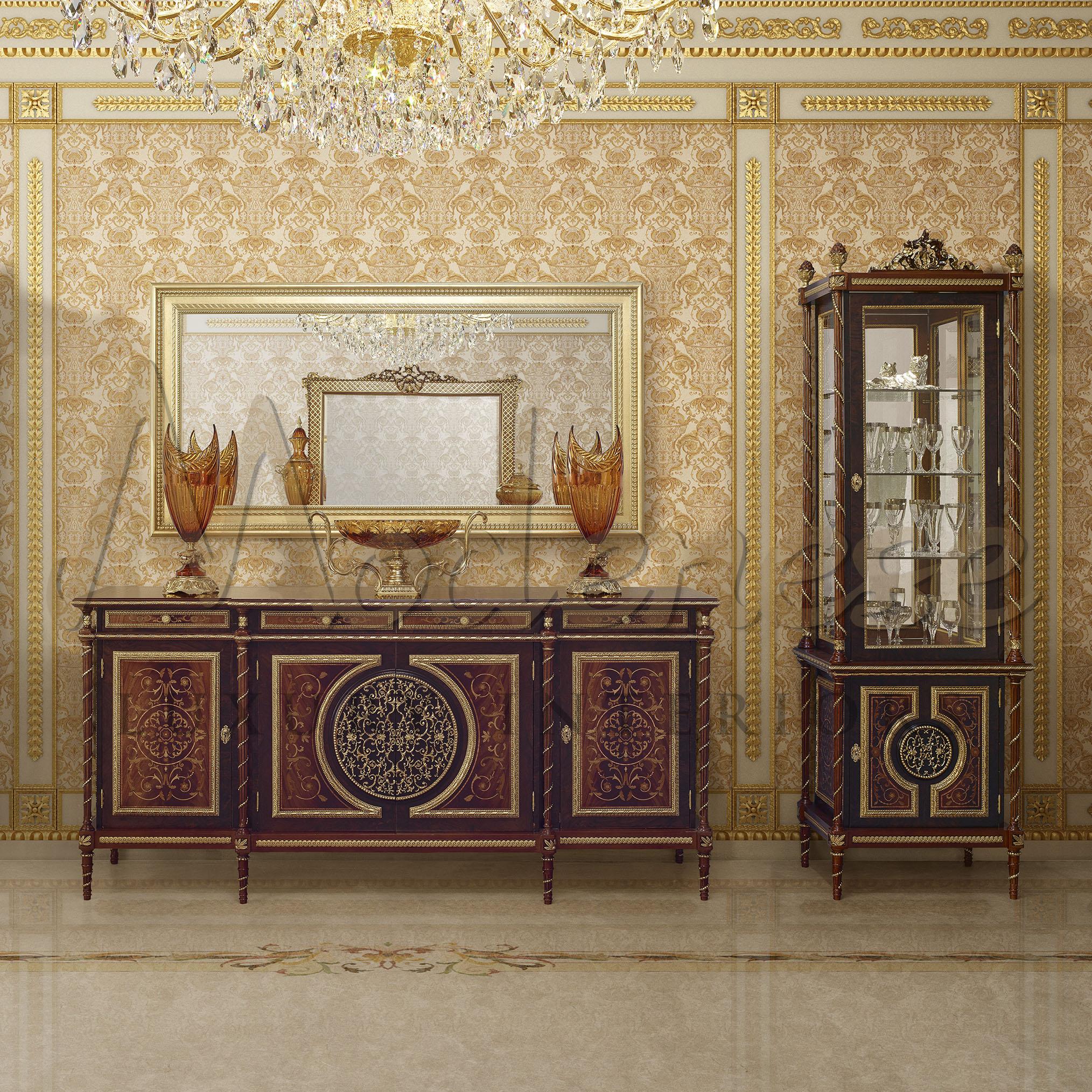 Turn your house into a lavish private residence with Modenese Gastone's Luxury furniture. Add this majestic three-sides vitrine in a revisited empire-style revival featuring precious radica inlays made from different wood types and gold leaf