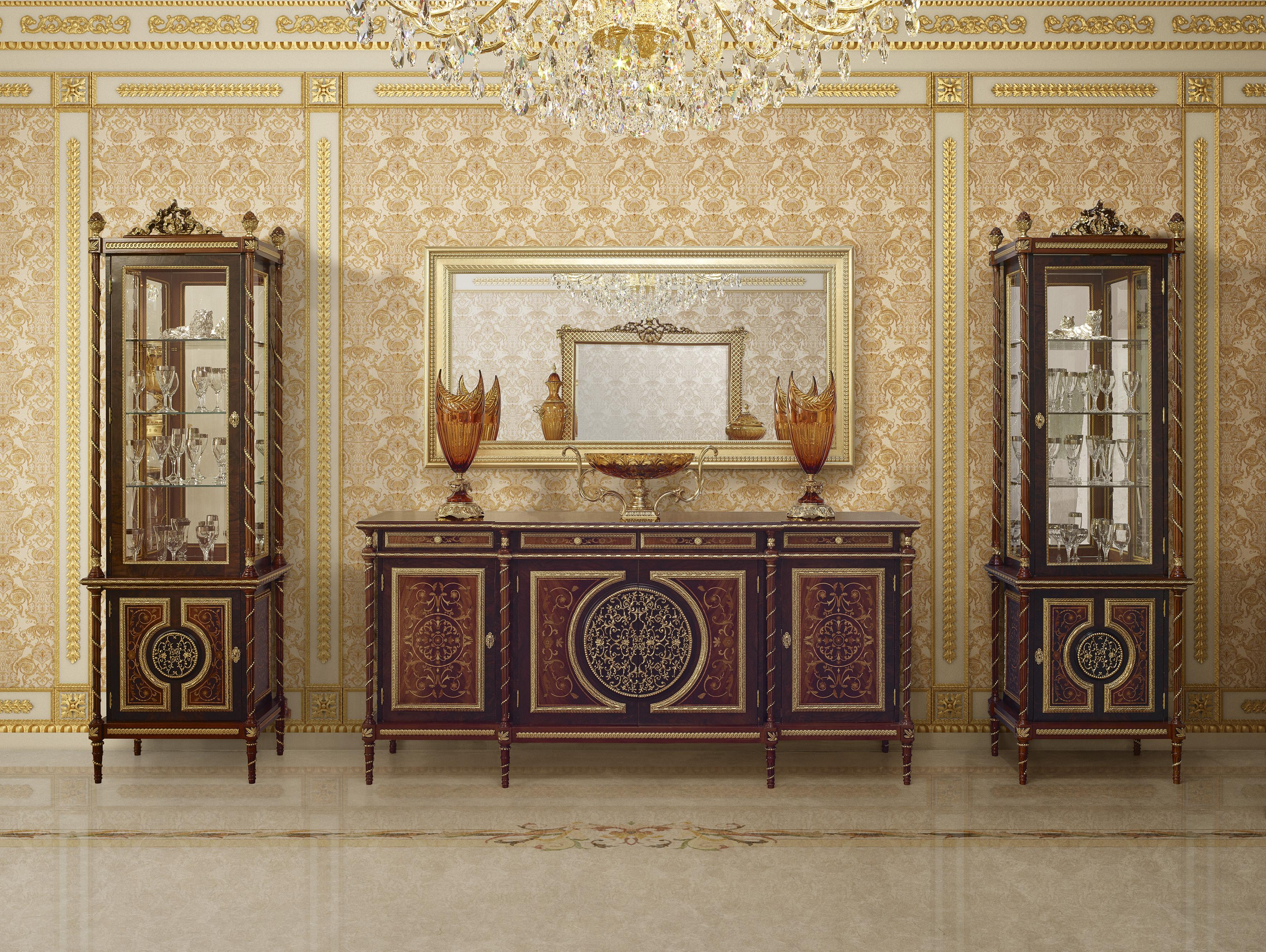 Italian Empire-Style Vitrine with Inlays, Handmade Columns and Gold Leaf Decorations For Sale