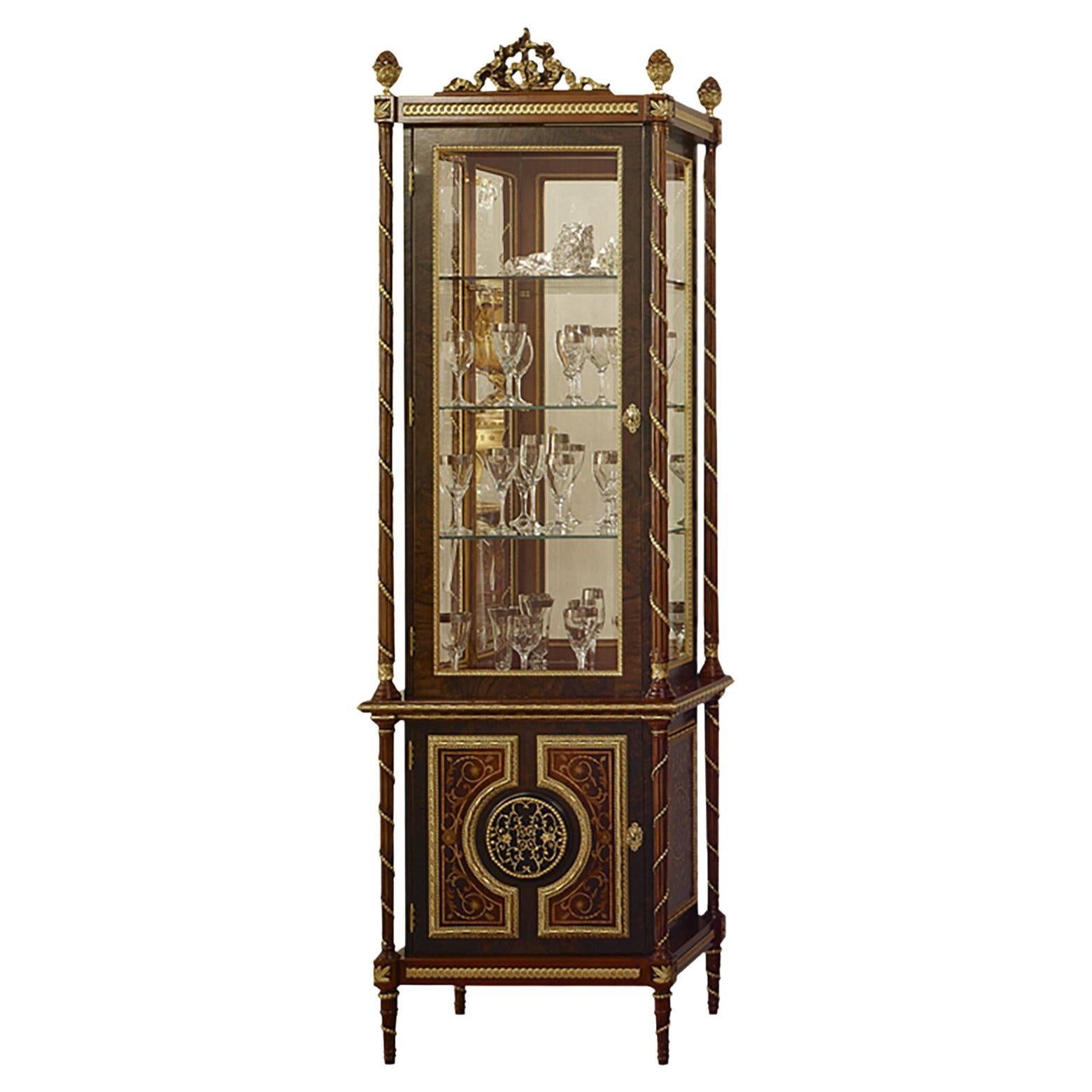 Empire-Style Vitrine with Inlays, Handmade Columns and Gold Leaf Decorations For Sale