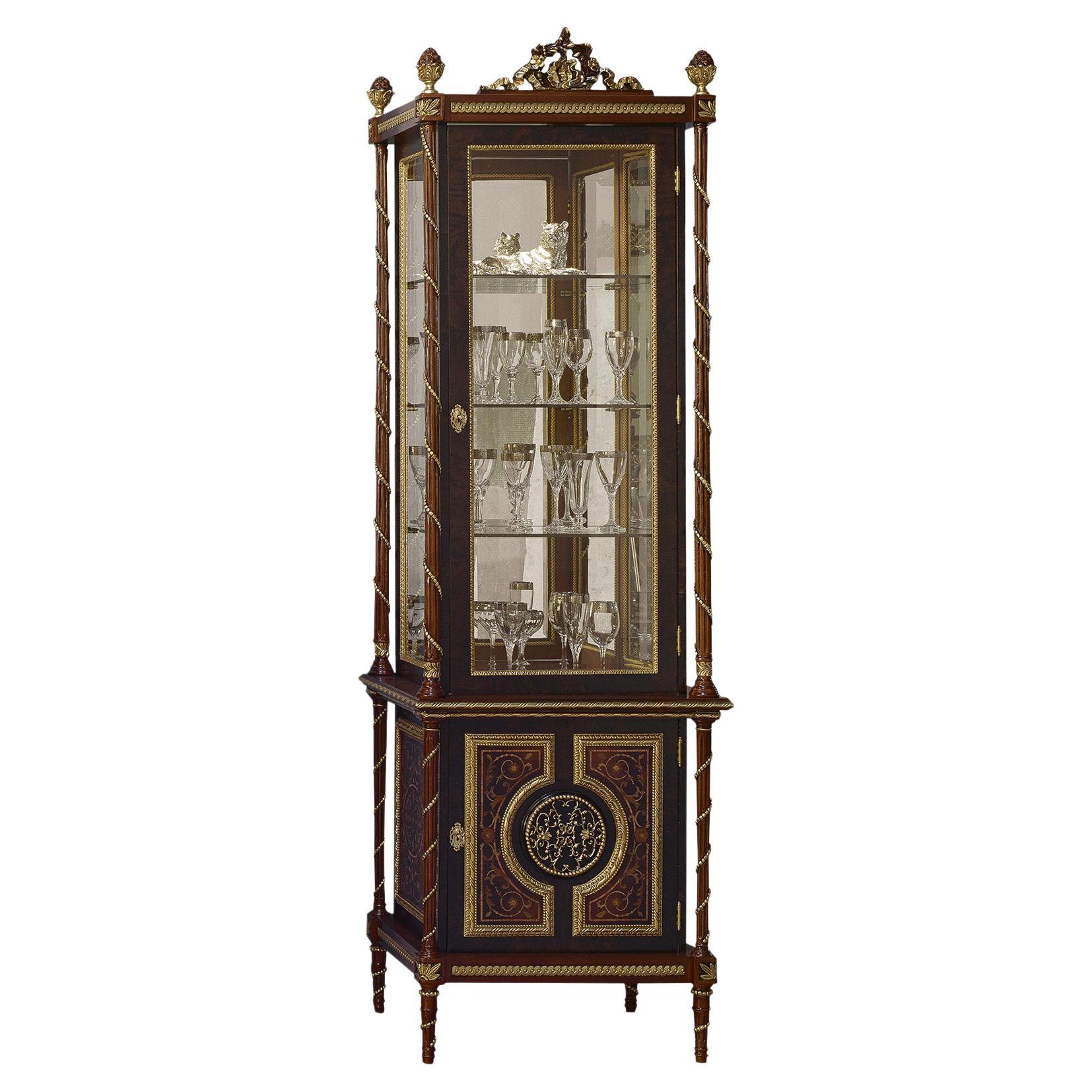 Empire-Style Vitrine with Inlays, Handmade Columns and Gold Leaf Decorations