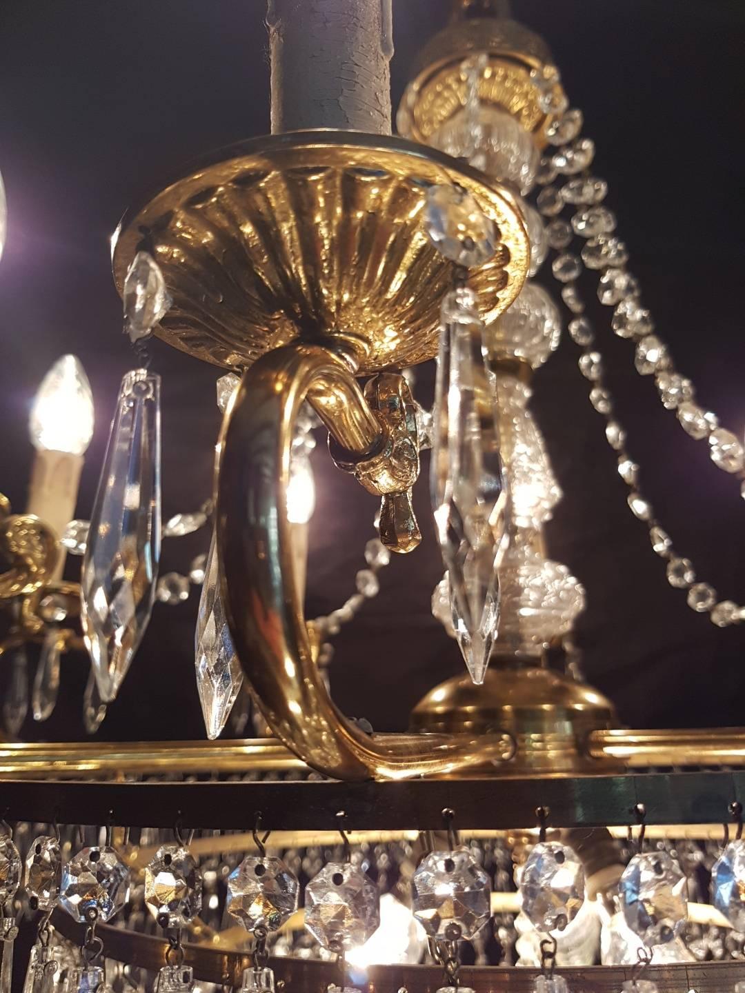 Brass Empire Style Waterfall Chandelier with Crystals For Sale
