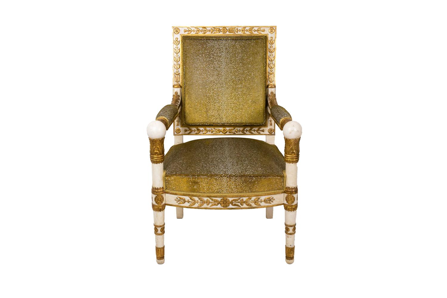 French Empire Style White and Gold Pair of Armchairs, Sharkskin Style Trim, 1950s For Sale