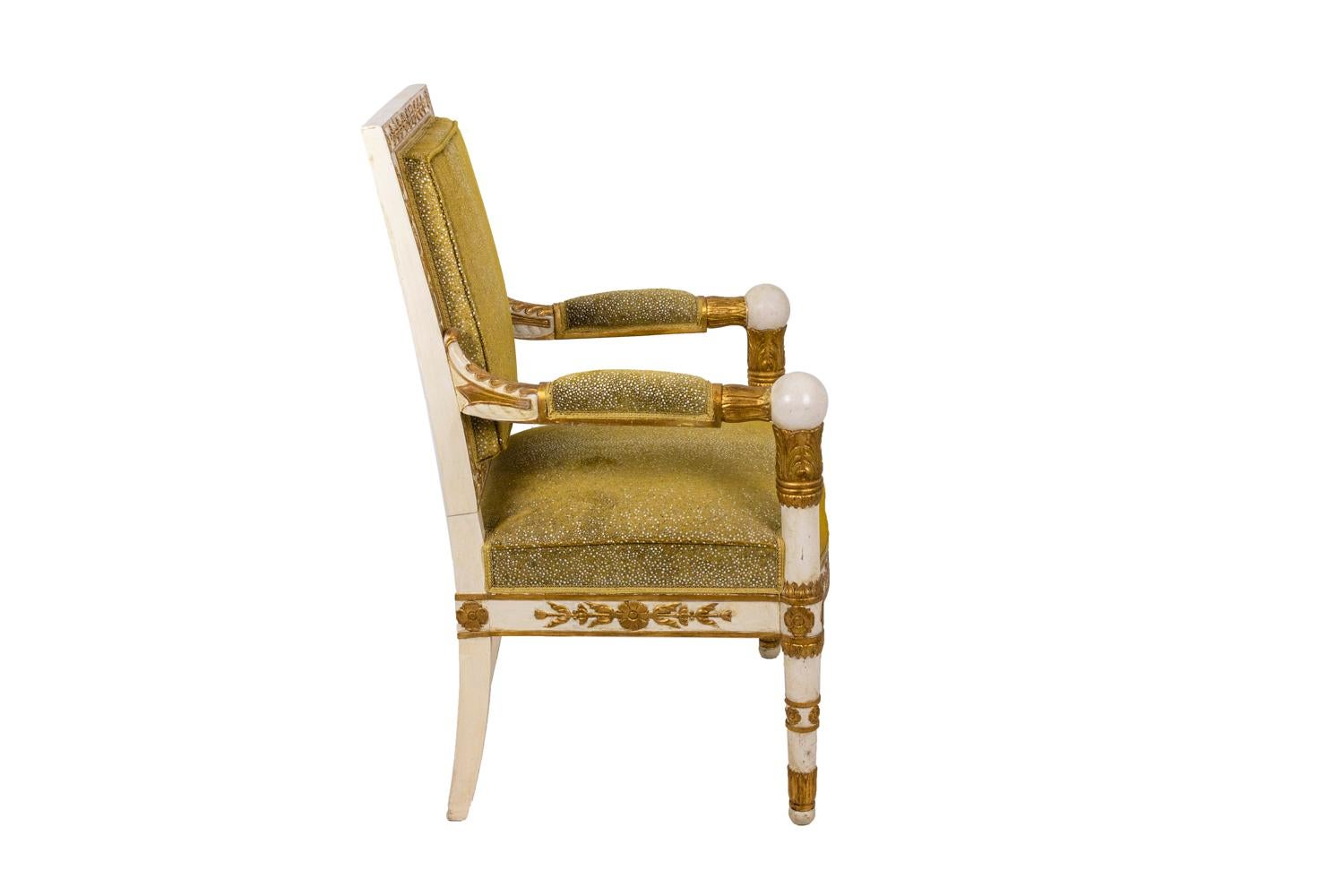 Gilt Empire Style White and Gold Pair of Armchairs, Sharkskin Style Trim, 1950s For Sale