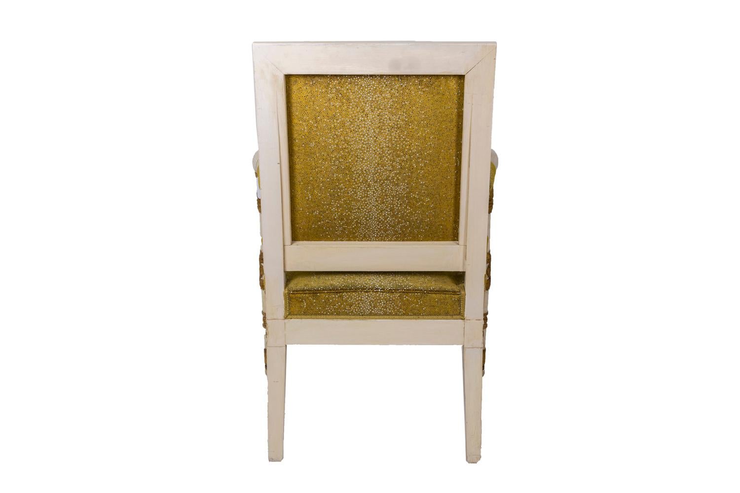 Empire Style White and Gold Pair of Armchairs, Sharkskin Style Trim, 1950s In Good Condition For Sale In Saint-Ouen, FR