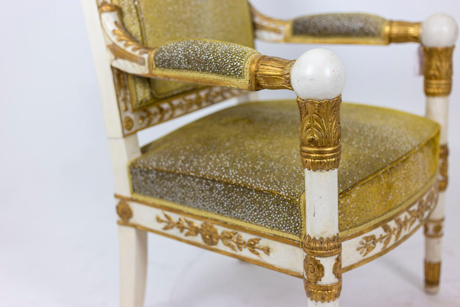 20th Century Empire Style White and Gold Pair of Armchairs, Sharkskin Style Trim, 1950s For Sale