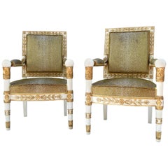 Empire Style White and Gold Pair of Armchairs, Sharkskin Style Trim, 1950s