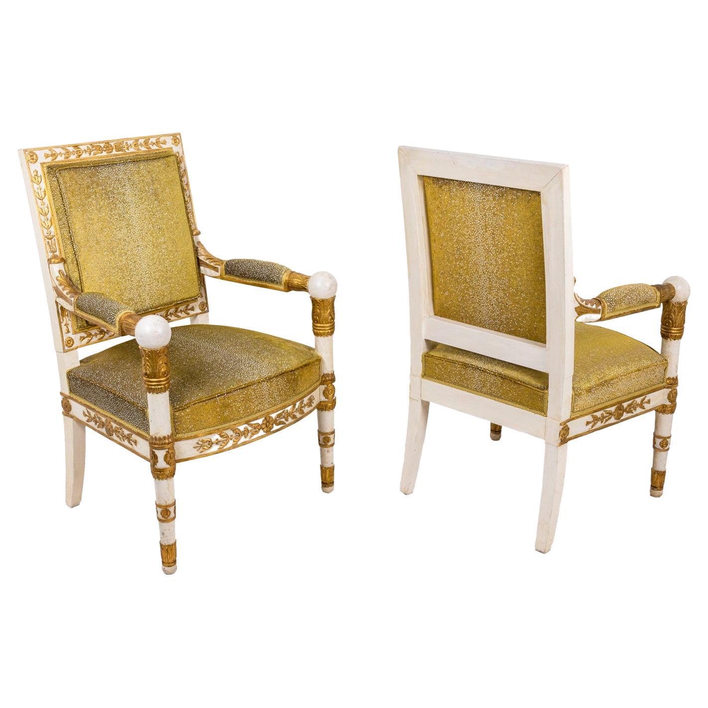 Empire Style White and Gold Pair of Armchairs, Sharkskin Style Trim, 1950s For Sale