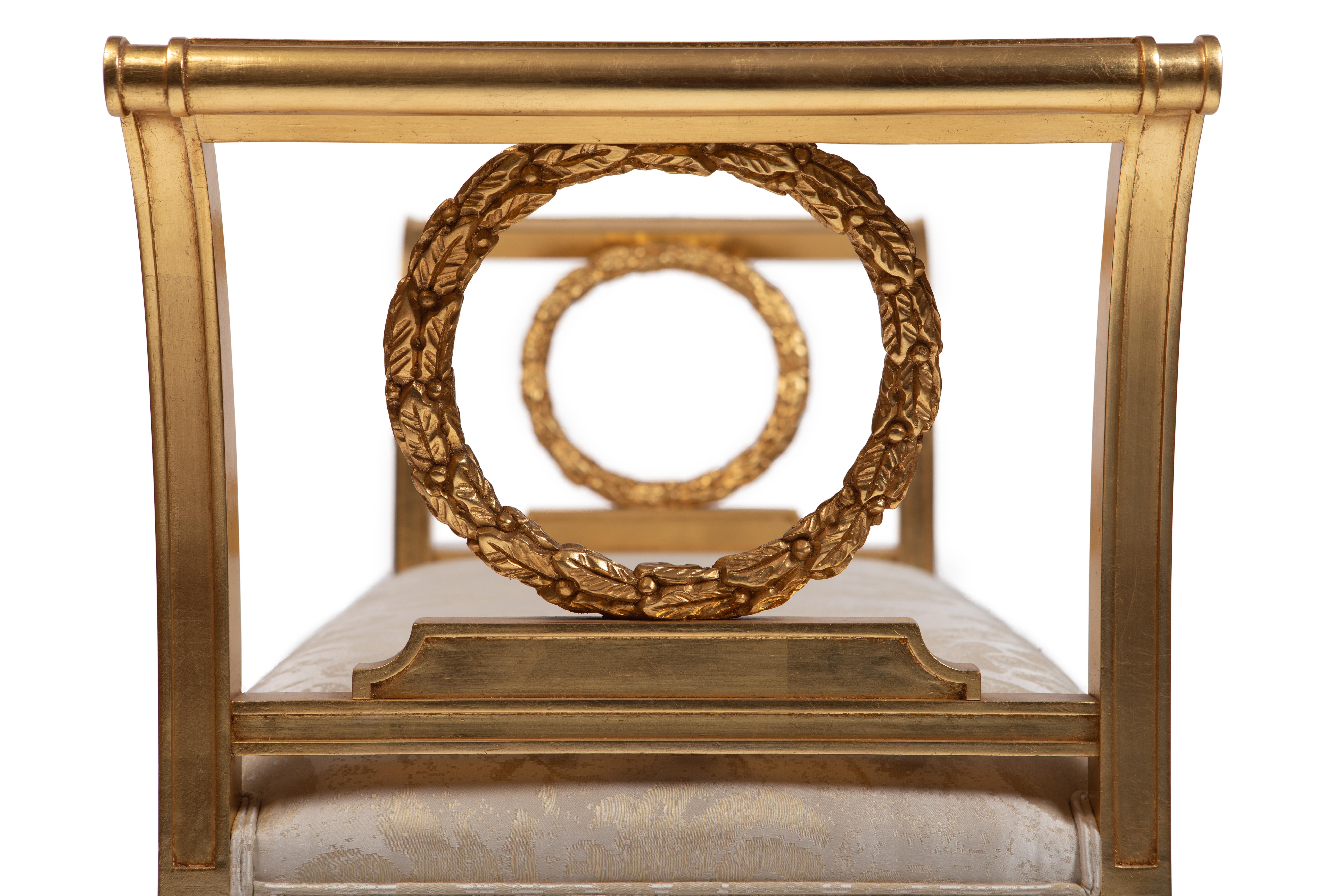 Italian Empire Style Wooden Bench, Gold Leaf Finishing, Handcarved and Made in Italy For Sale