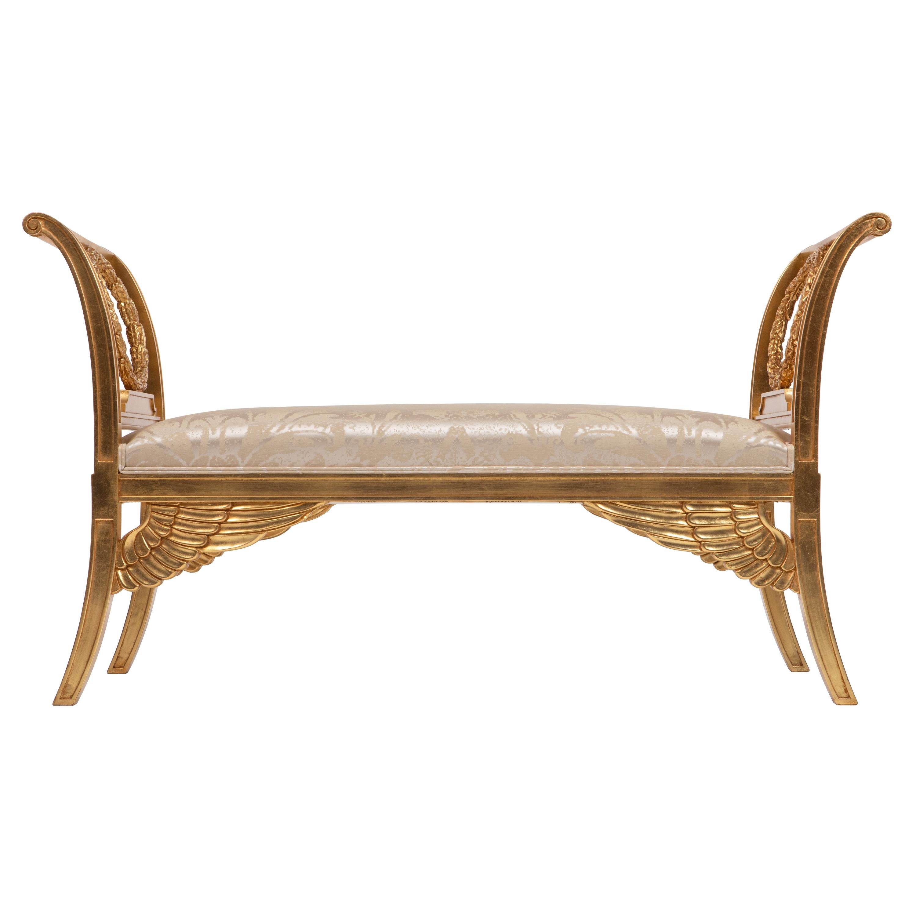 Empire Style Wooden Bench, Gold Leaf Finishing, Handcarved and Made in Italy For Sale