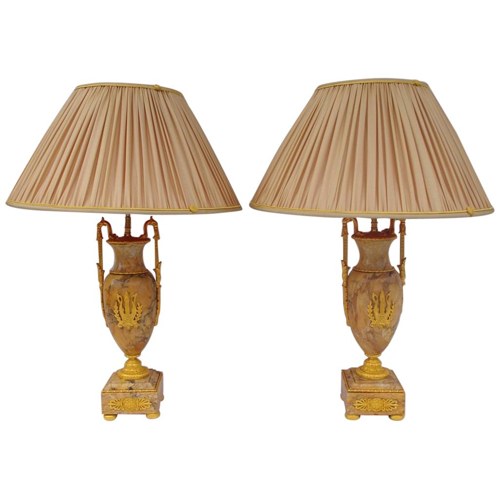 Empire Style Yellow Sienna Marble Pair of Lamps, Late 19th Century