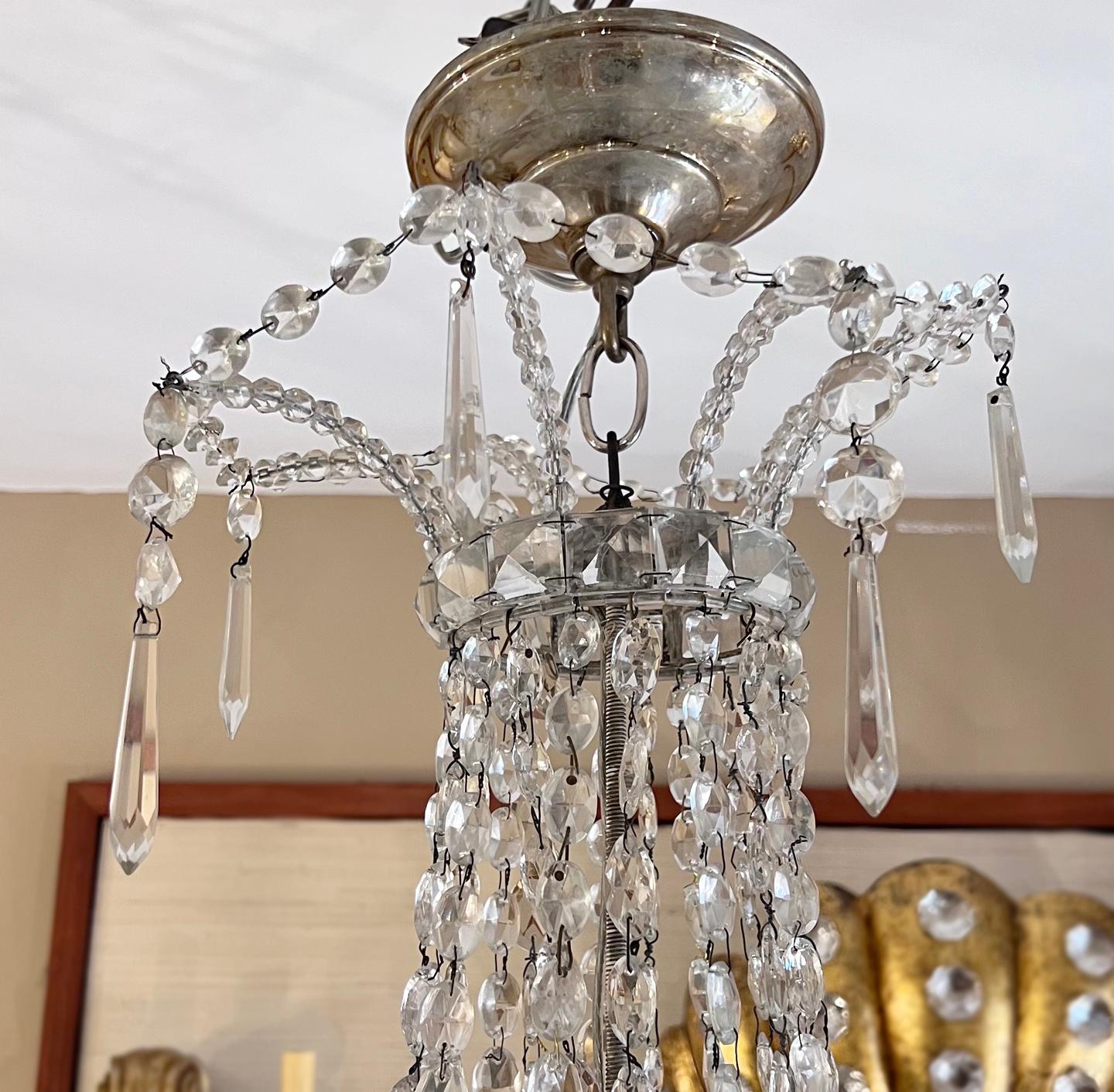 A mid 19th Century Swedish crystal neoclassic chandelier with 8 lights. Crystal pendants and beads.

Measurements:
Height: 45?
Diameter: 32?.