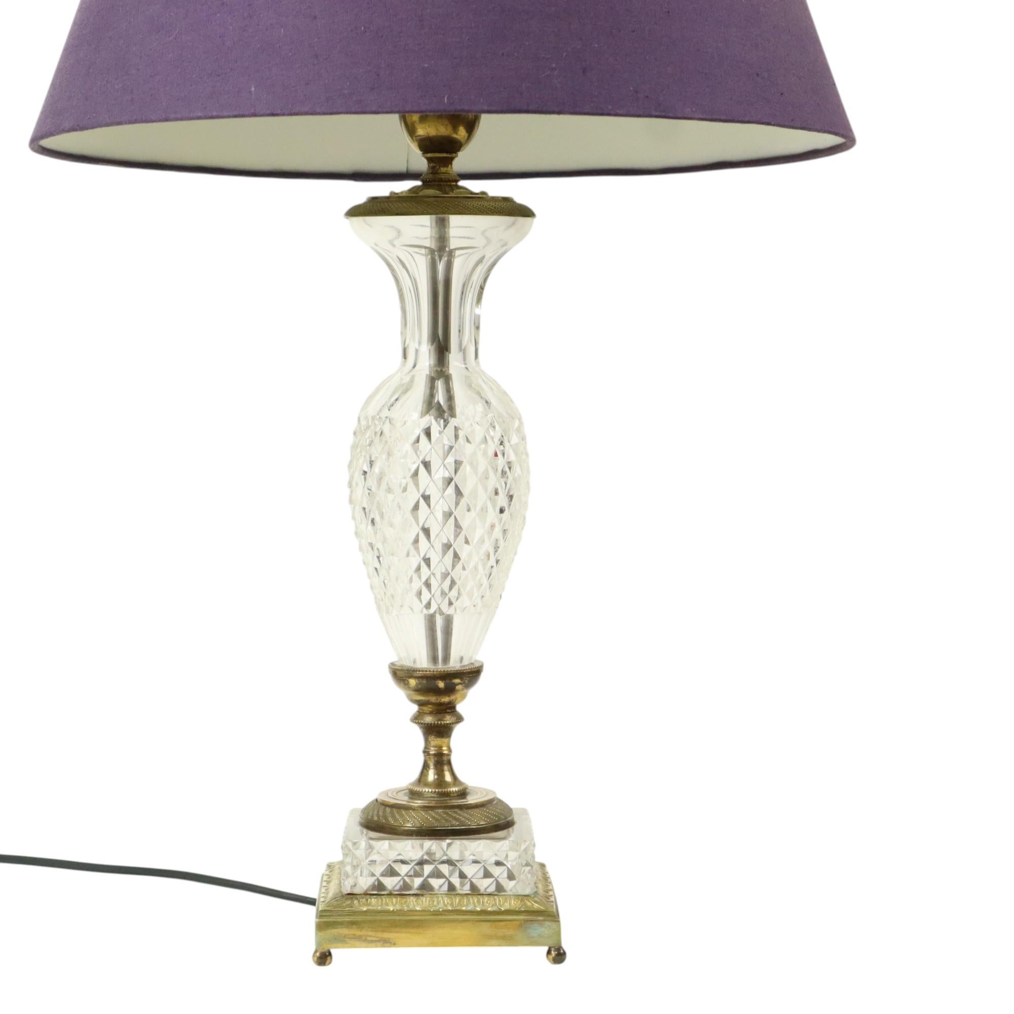 French Empire Table Lamp Cut Crystal Diamond Pattern Gilded Bronze For Sale