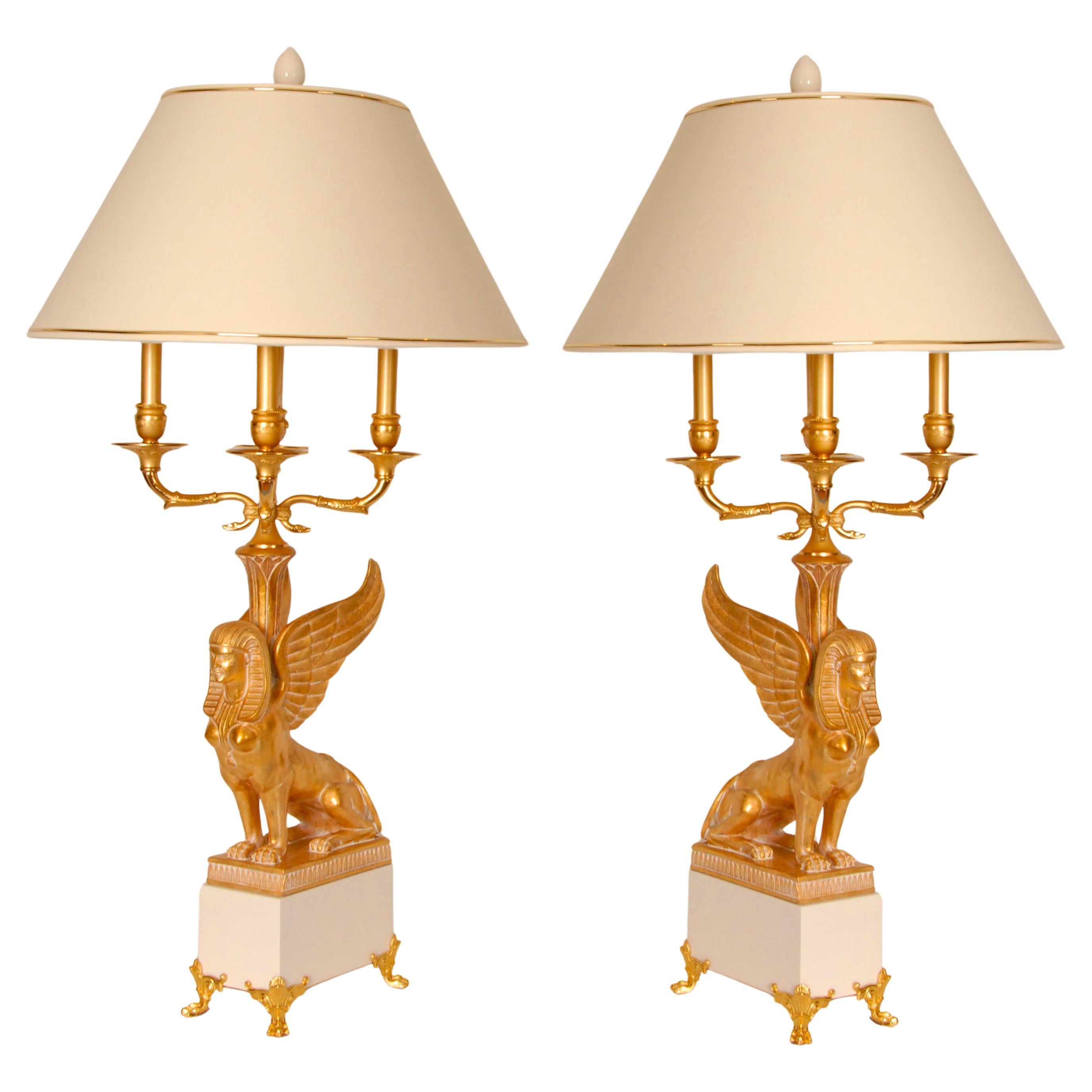 Empire Table Lamps Egyptian revival Bois Dore Bouilotte lamps Napoleonic pair en venta