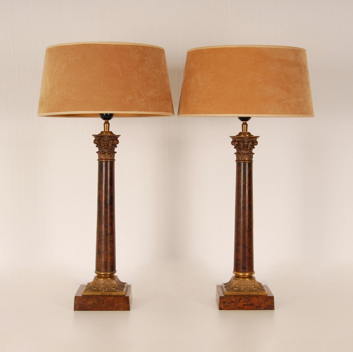 French Empire Table Lamps Gilt Bronze Corinthian Column E.F. Caldwell Vintage - a Pair