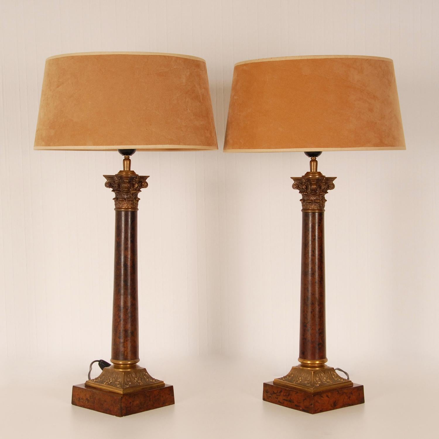 Metal Empire Table Lamps Gilt Bronze Corinthian Column E.F. Caldwell Vintage - a Pair