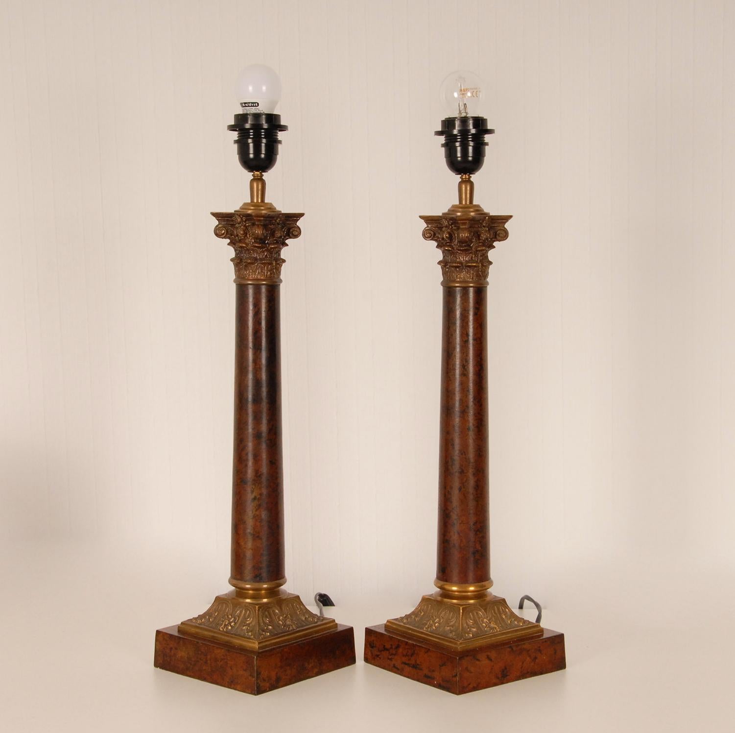 Empire Table Lamps Gilt Bronze Corinthian Column E.F. Caldwell Vintage - a Pair 3