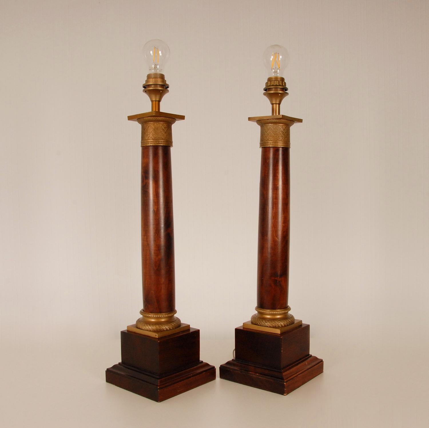 Empire Table Lamps Regency Gold Gilt Bronze Mahogany Column Lamps French a pair 4