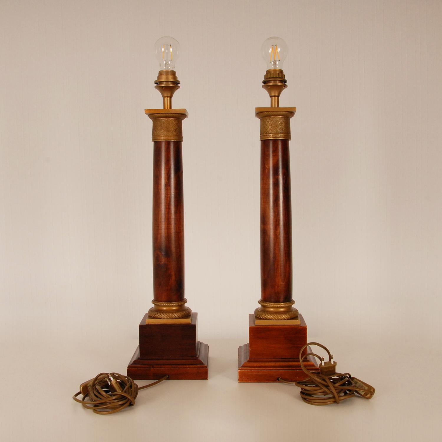 Empire Table Lamps Regency Gold Gilt Bronze Mahogany Column Lamps French a pair 5