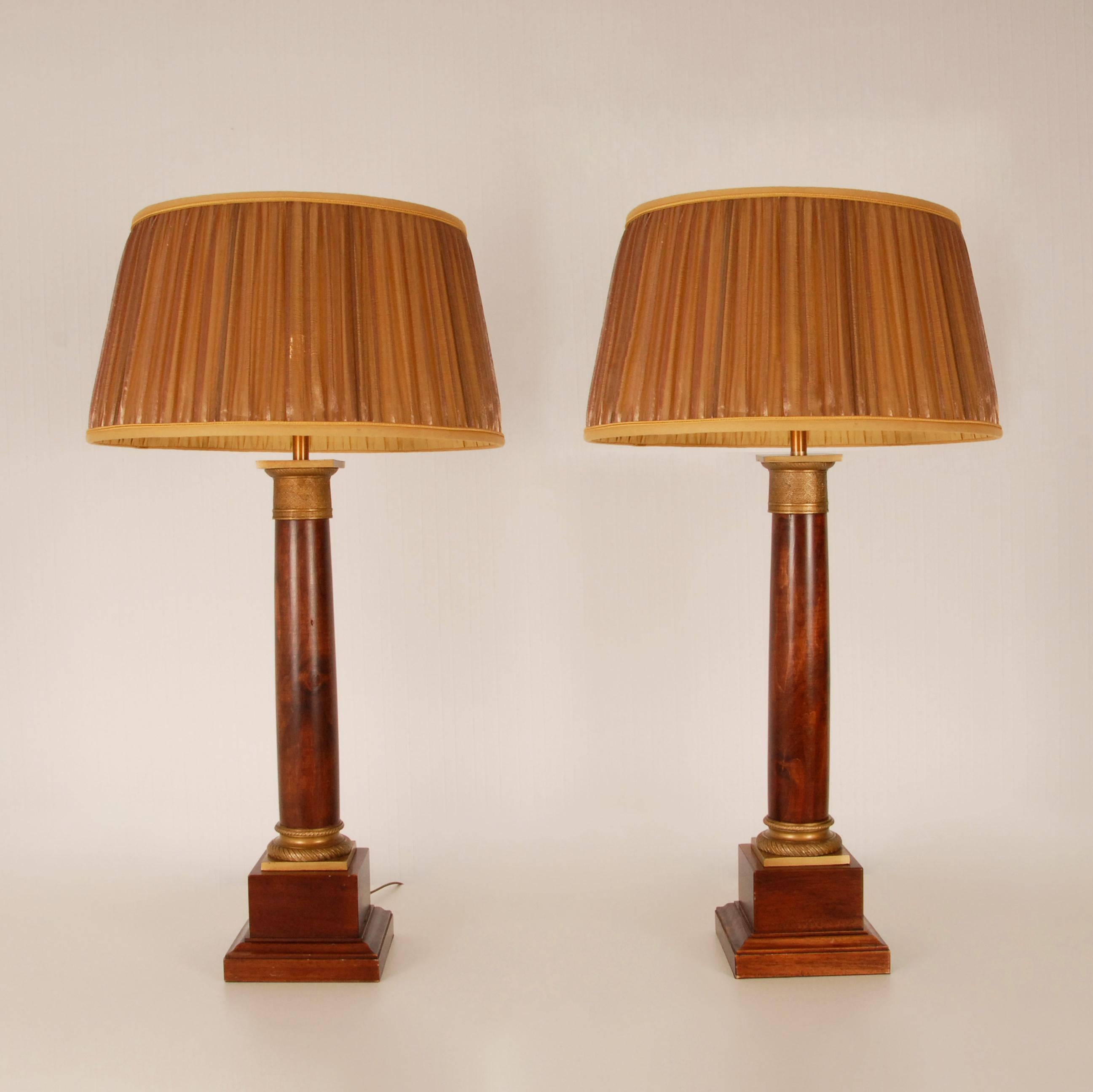 Empire Table Lamps Regency Gold Gilt Bronze Mahogany Column Lamps French a pair 6