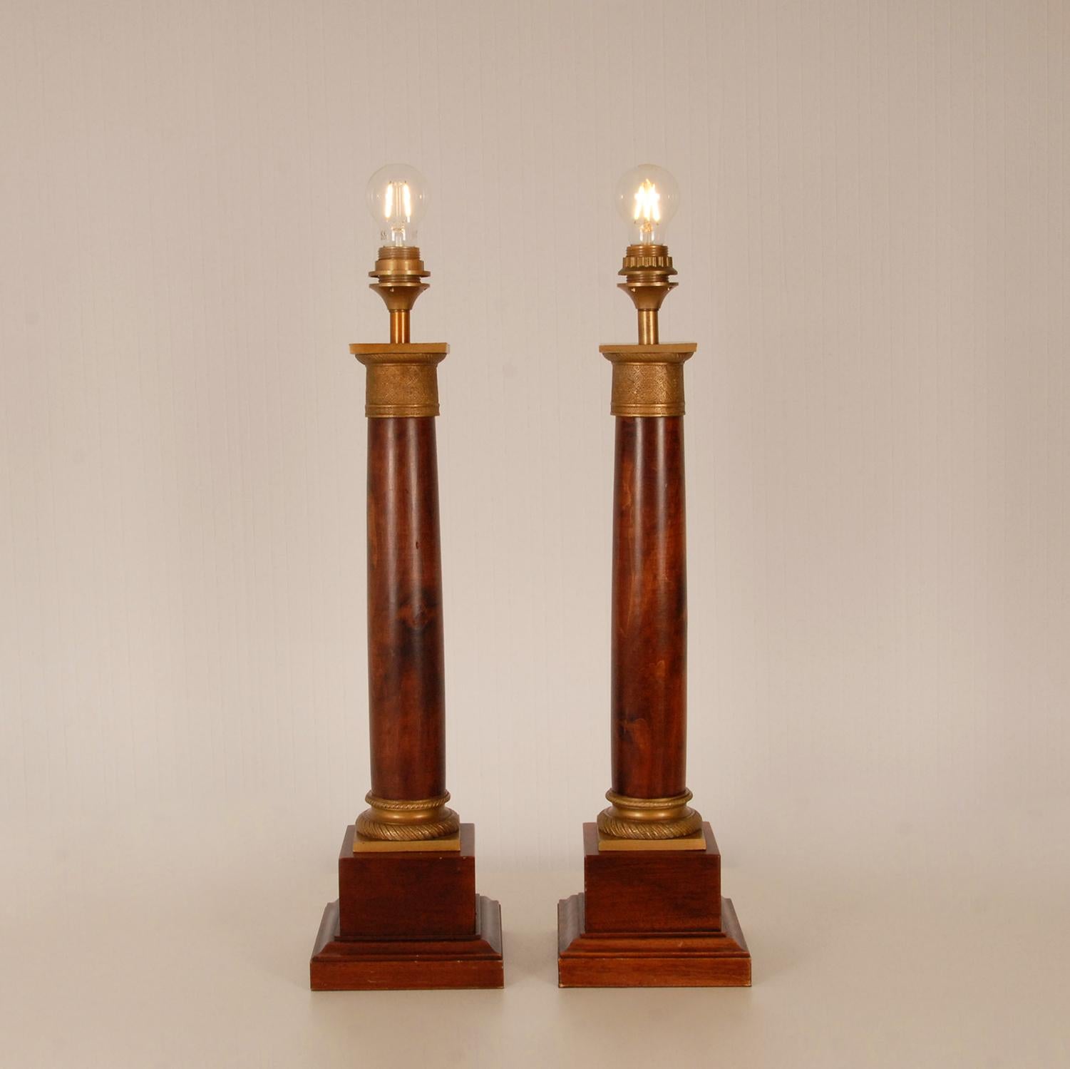 Empire Revival Empire Table Lamps Regency Gold Gilt Bronze Mahogany Column Lamps French a pair