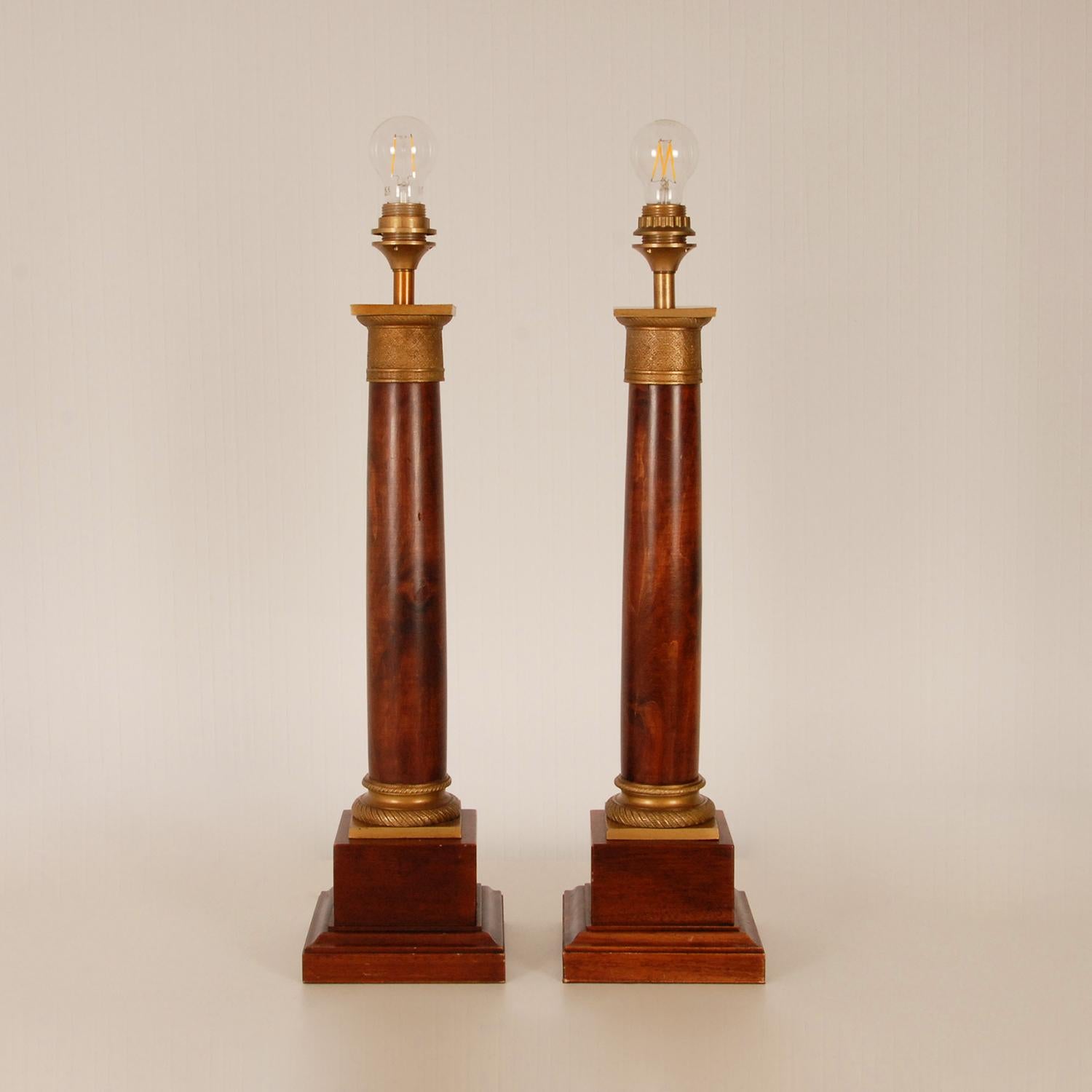 Cast Empire Table Lamps Regency Gold Gilt Bronze Mahogany Column Lamps French a pair