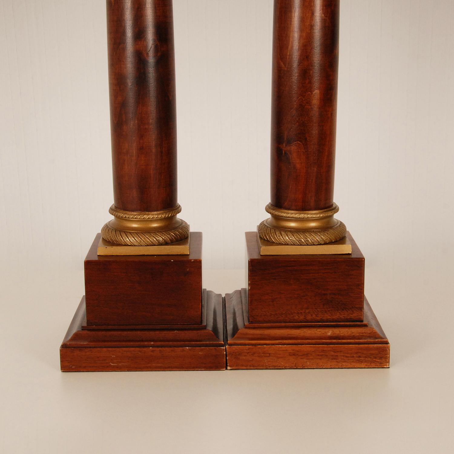 Late 20th Century Empire Table Lamps Regency Gold Gilt Bronze Mahogany Column Lamps French a pair