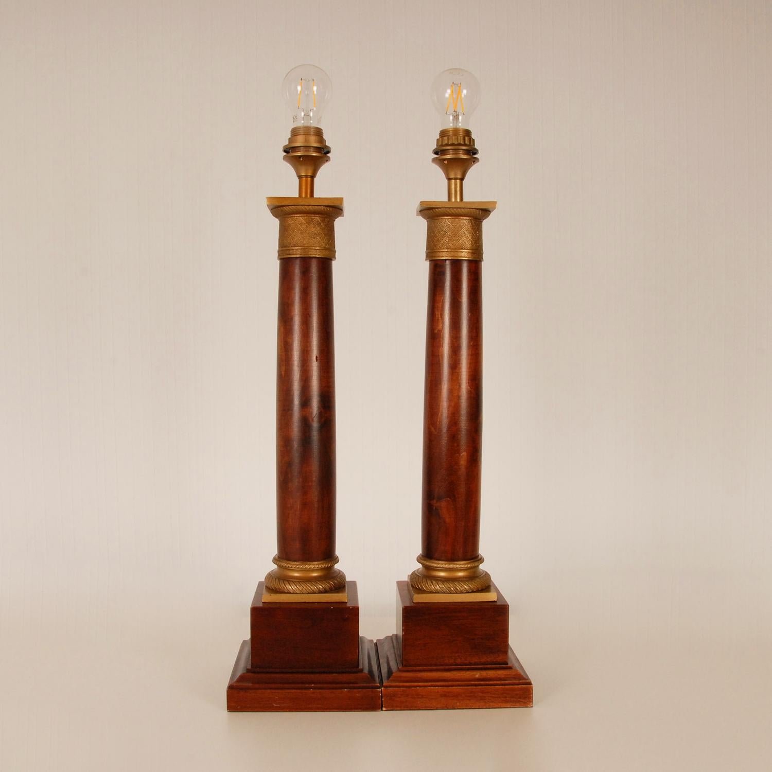Empire Table Lamps Regency Gold Gilt Bronze Mahogany Column Lamps French a pair 1