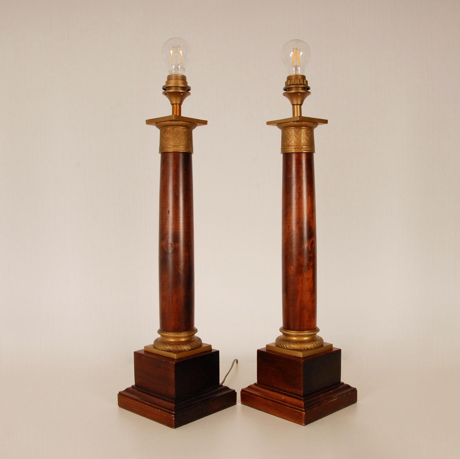 Empire Table Lamps Regency Gold Gilt Bronze Mahogany Column Lamps French a pair 2
