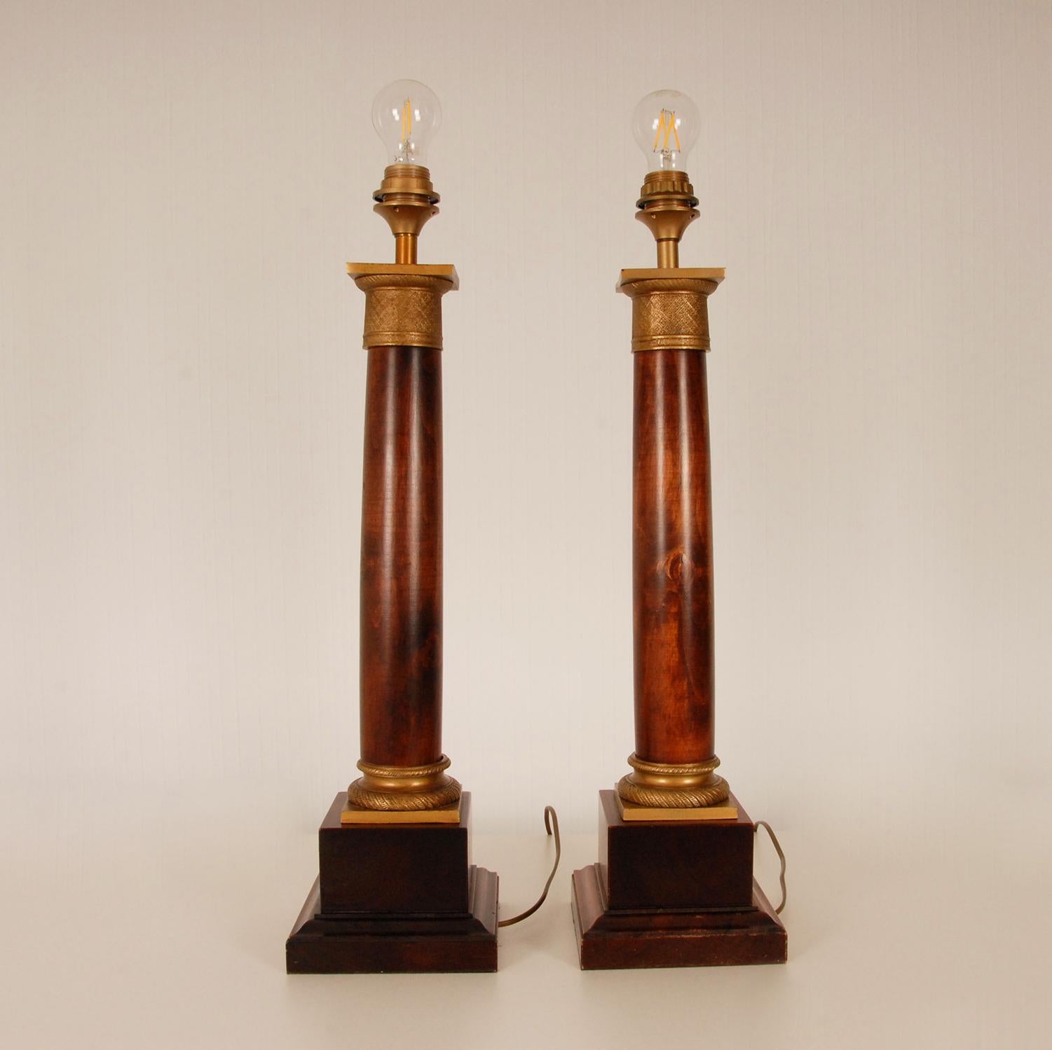 Empire Table Lamps Regency Gold Gilt Bronze Mahogany Column Lamps French a pair 3
