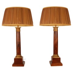 Empire Table Lamps Regency Gold Gilt Bronze Mahogany Column Lamps French a pair