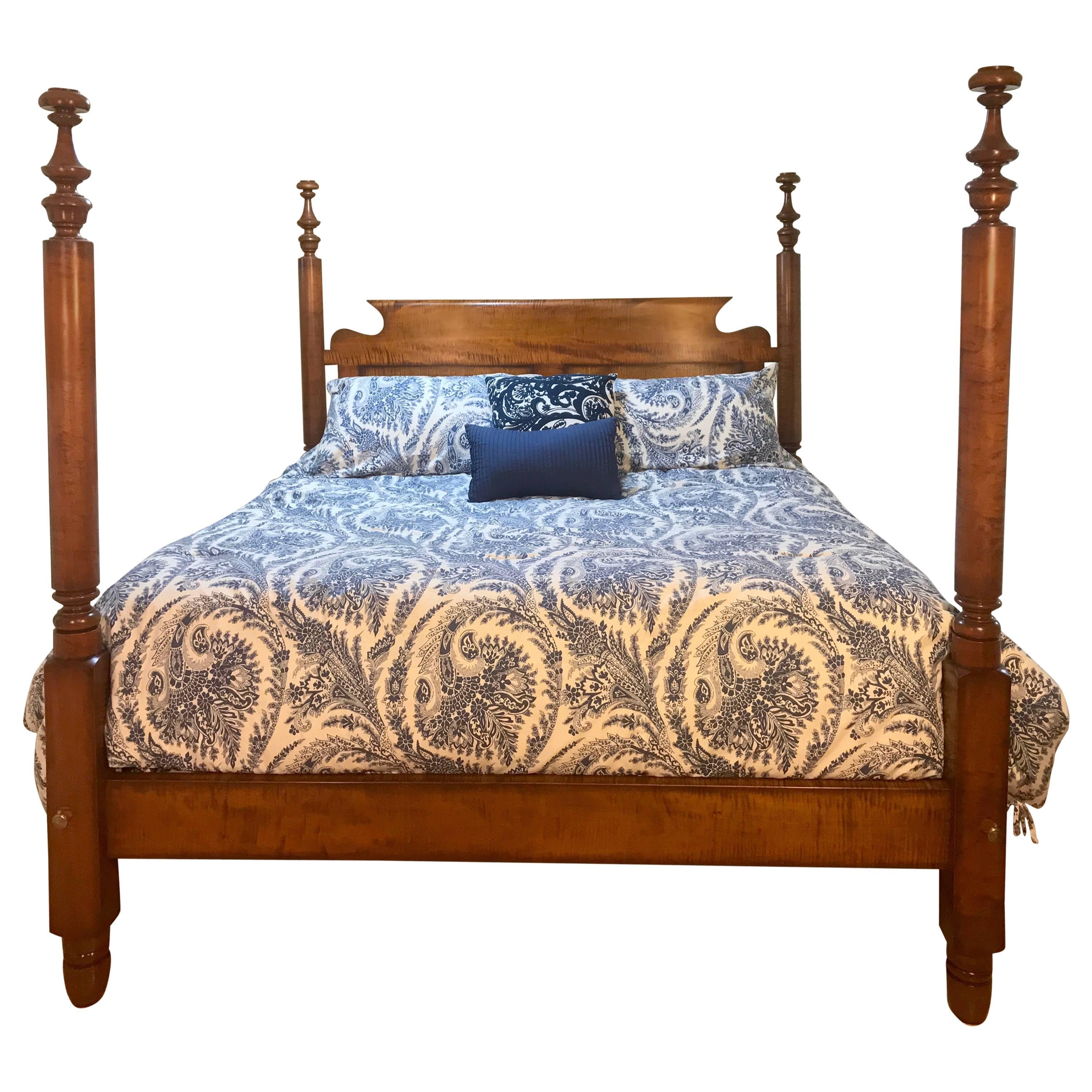 Empire Tall Post Bed in Tiger Maple, circa 1840 Refitted to a King For Sale