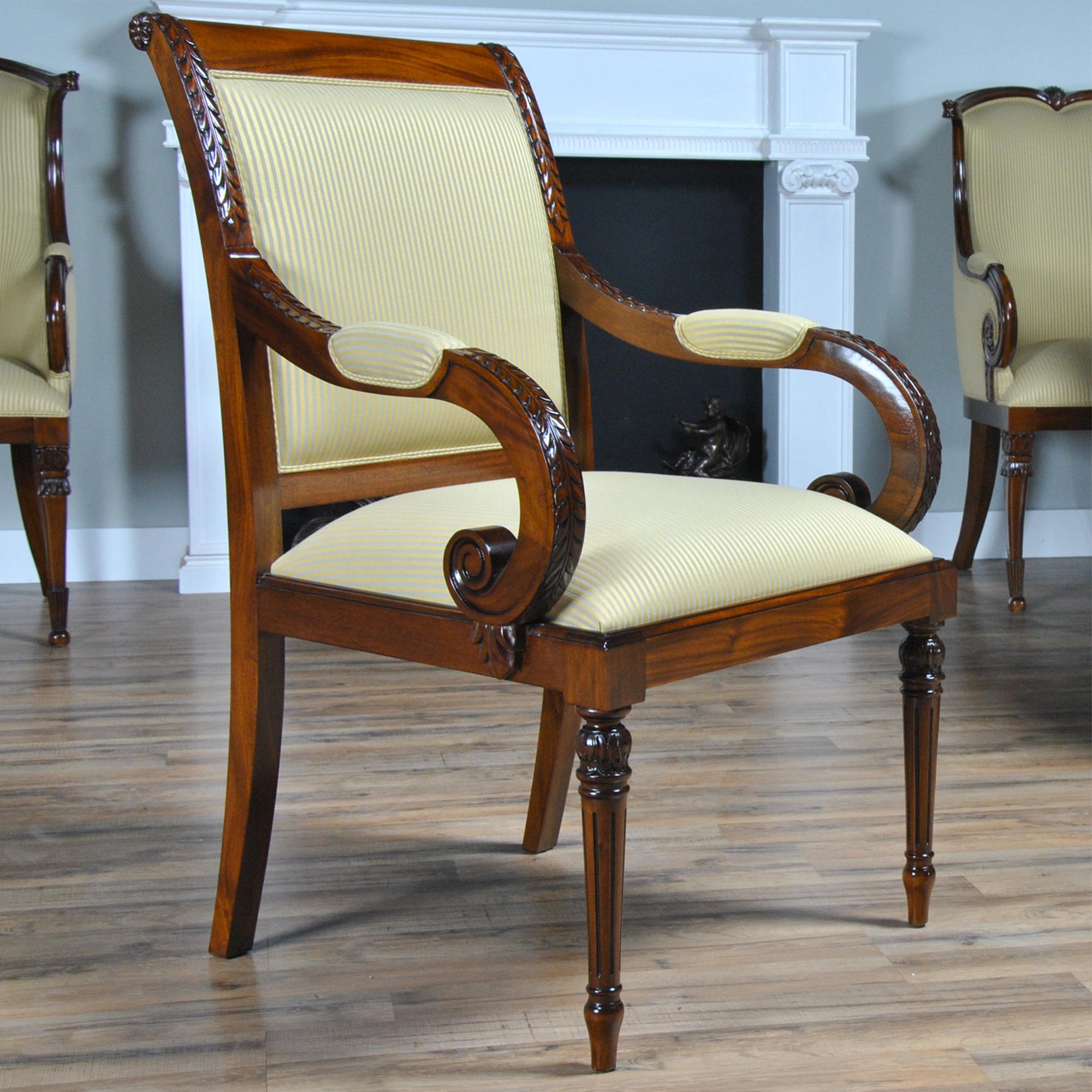 Hand-Carved Empire Upholstered Chairs, Set of 10 For Sale