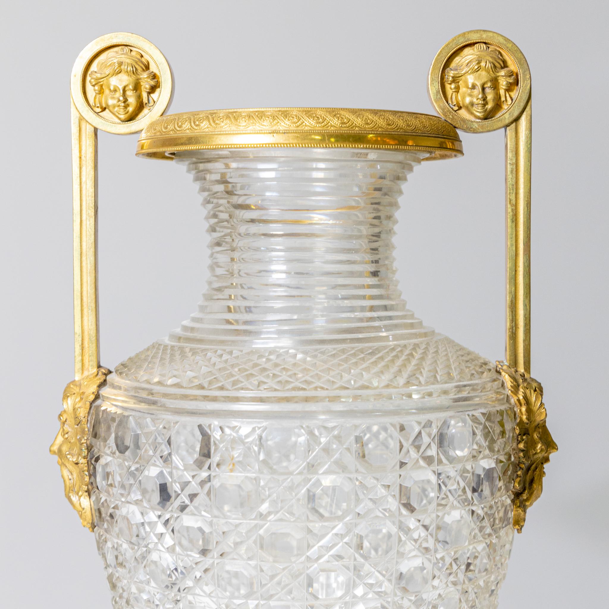 Large Russian cut crystal vase with mascarons on the sides and in the handles. Shown in Lit: St. Petersburg circa 1800: A Golden Age of the Russian Tsarist Empire. Exhibition Kulturstiftung Ruhr, Villa Hügel, Essen, 9.6.-4.11.1990, Recklinghausen