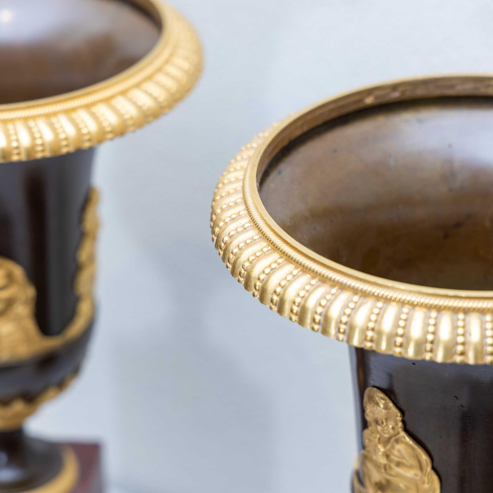 Pair of Empire Vases, firegilt Bronze, Marble Bases, France, Early 19th Century For Sale 5