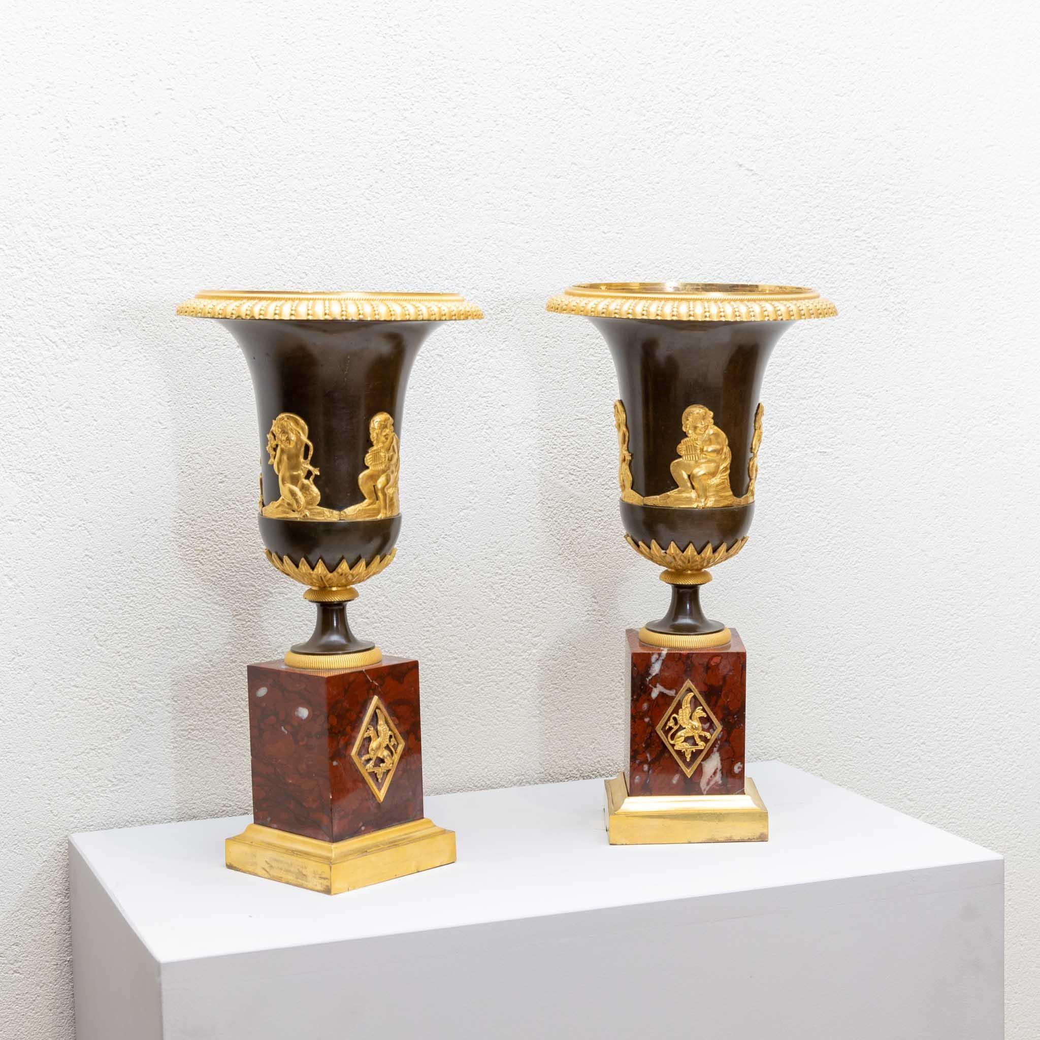 French Pair of Empire Vases, firegilt Bronze, Marble Bases, France, Early 19th Century For Sale
