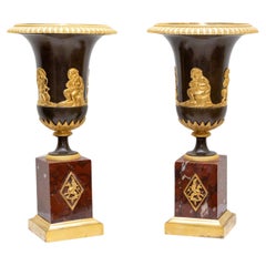 Antique Pair of Empire Vases, firegilt Bronze, Marble Bases, France, Early 19th Century