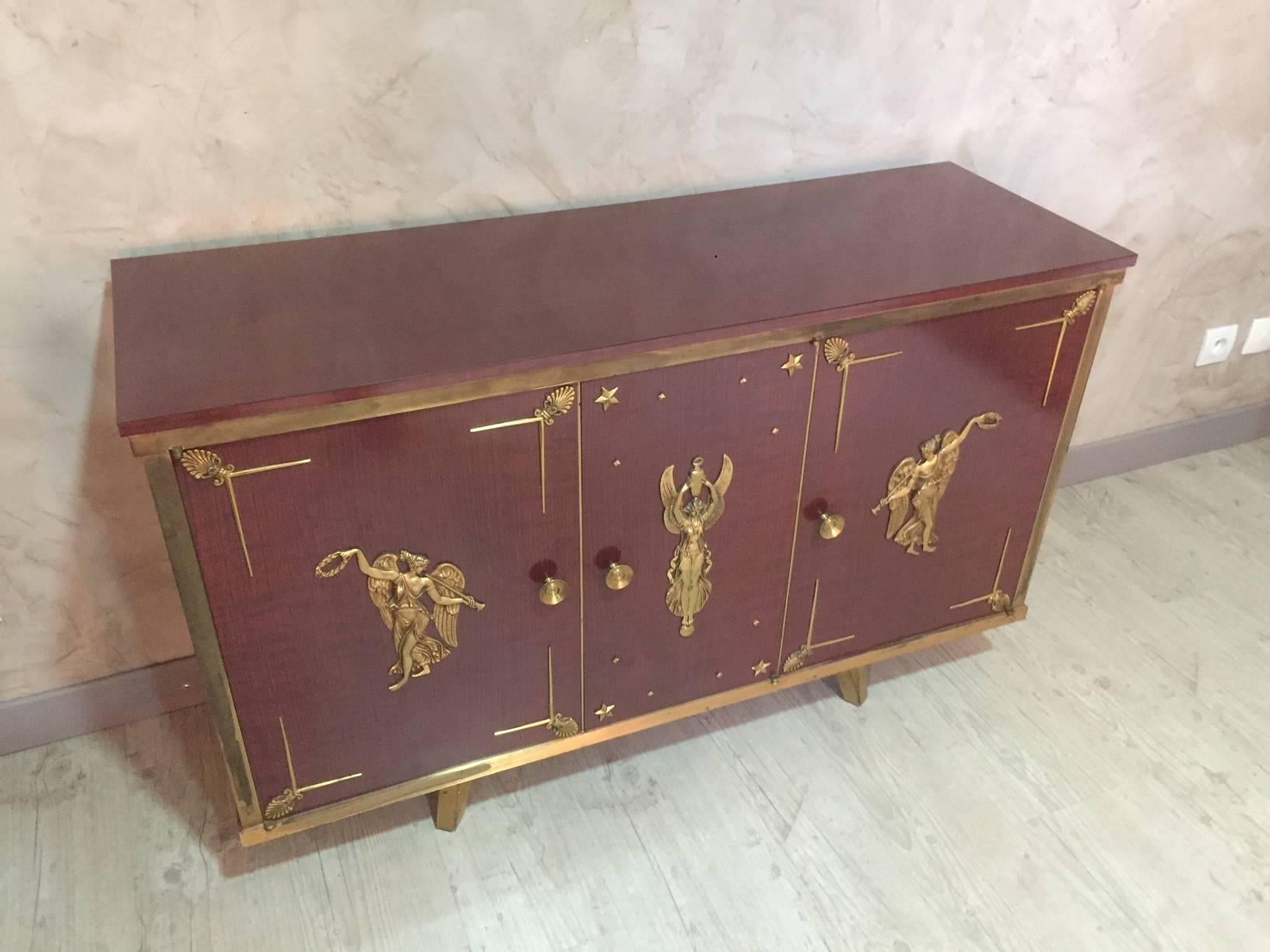 French Empire Veneered Mahogany and Gilded Brass Enfilade, 1950s