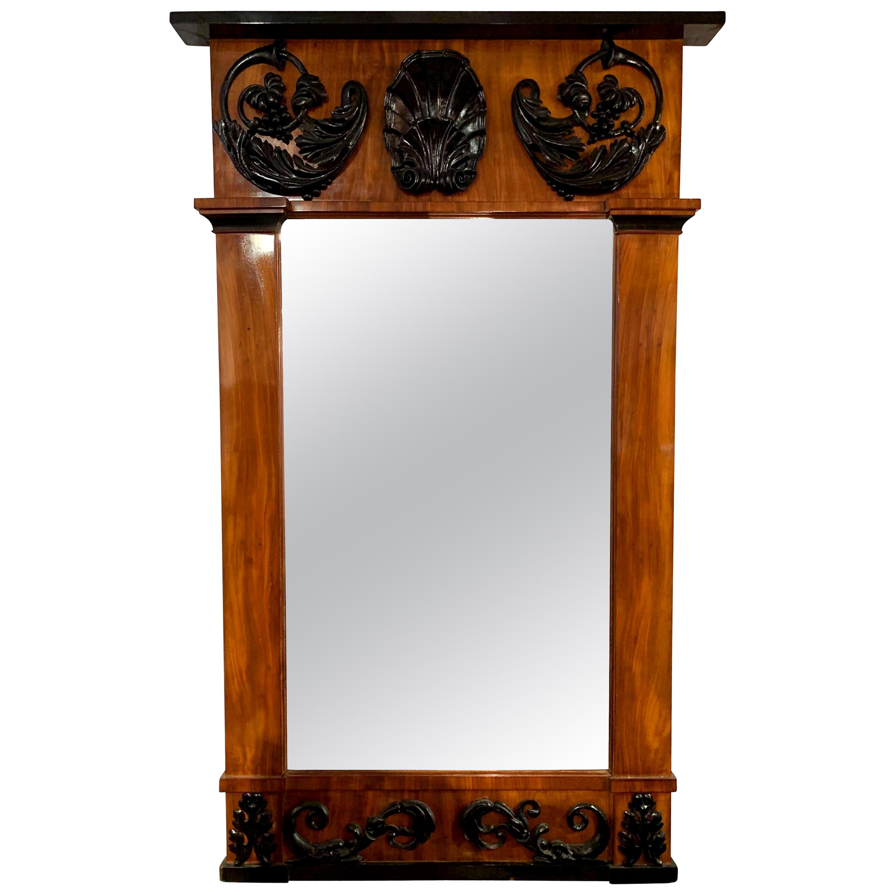 Empire Wall Mirror, Mahogany, Ebonized Carved Decor, South Germany, circa 1810 For Sale