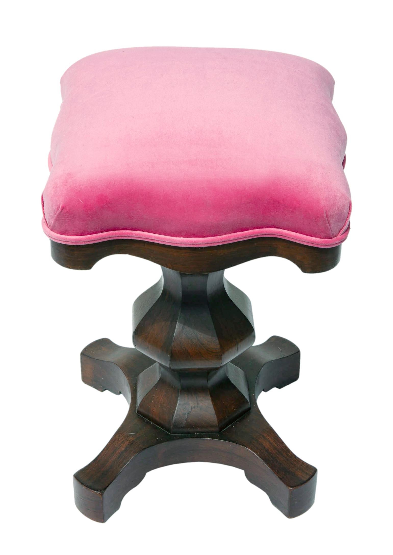 Hand-Crafted Empire Walnut Mechanical Piano Stool in Raspberry Velvet