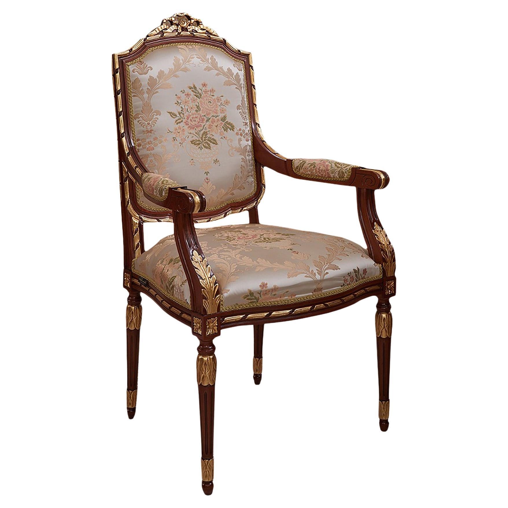 Empire Walnut and Gold Leaf Hand-Carved Chair with Armrests by Modenese For Sale