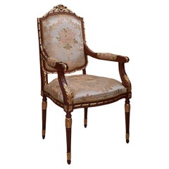 Empire Walnut and Gold Leaf Hand-Carved Chair with Armrests by Modenese