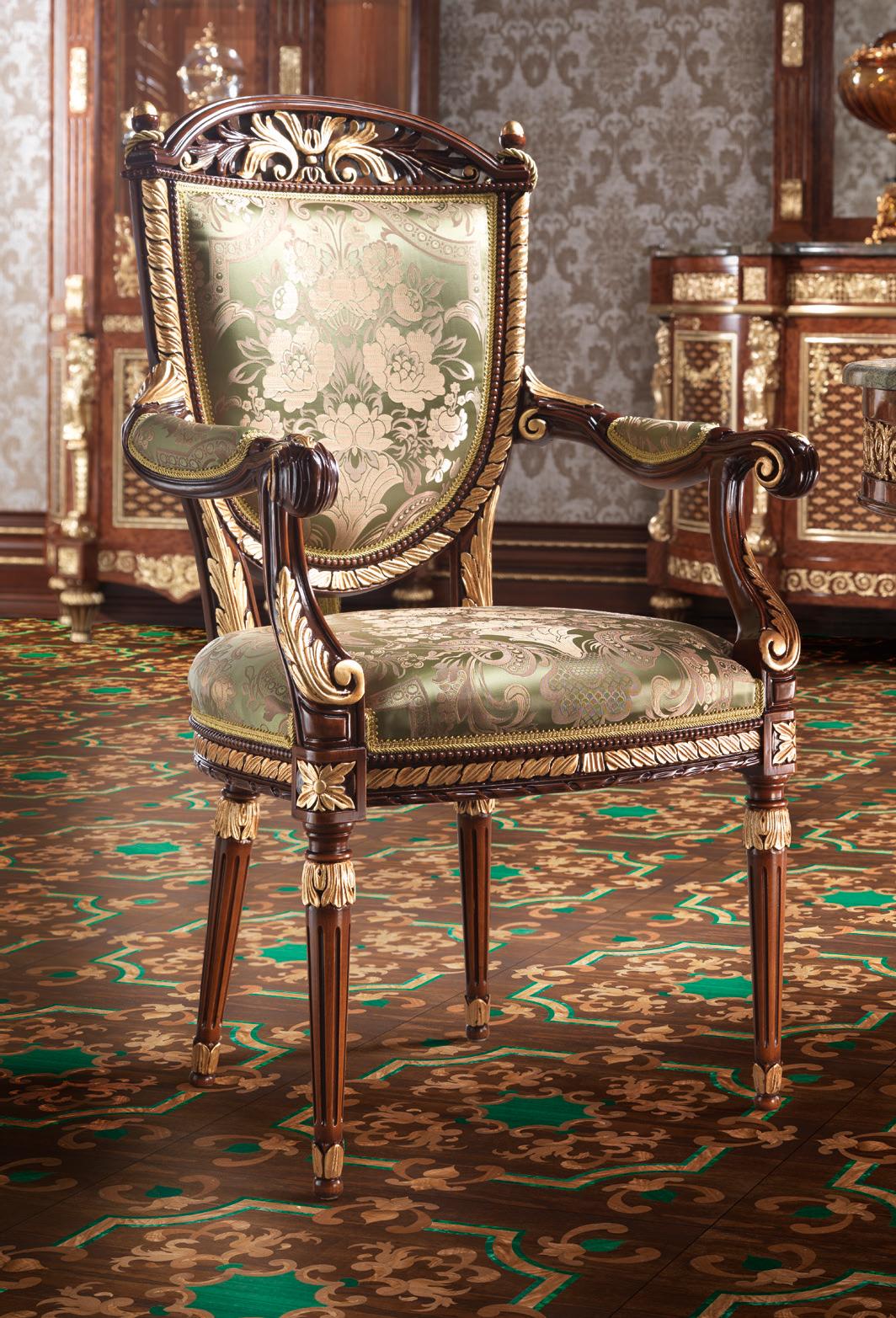 Have a seat on this breathtaking upholstered empire armchair by Modenese Gastone Interiors featuring a wood frame gold leaf applied in details, upholstered with a premium floreal satin fabric in green. What's more? A wonderfully designed fabric