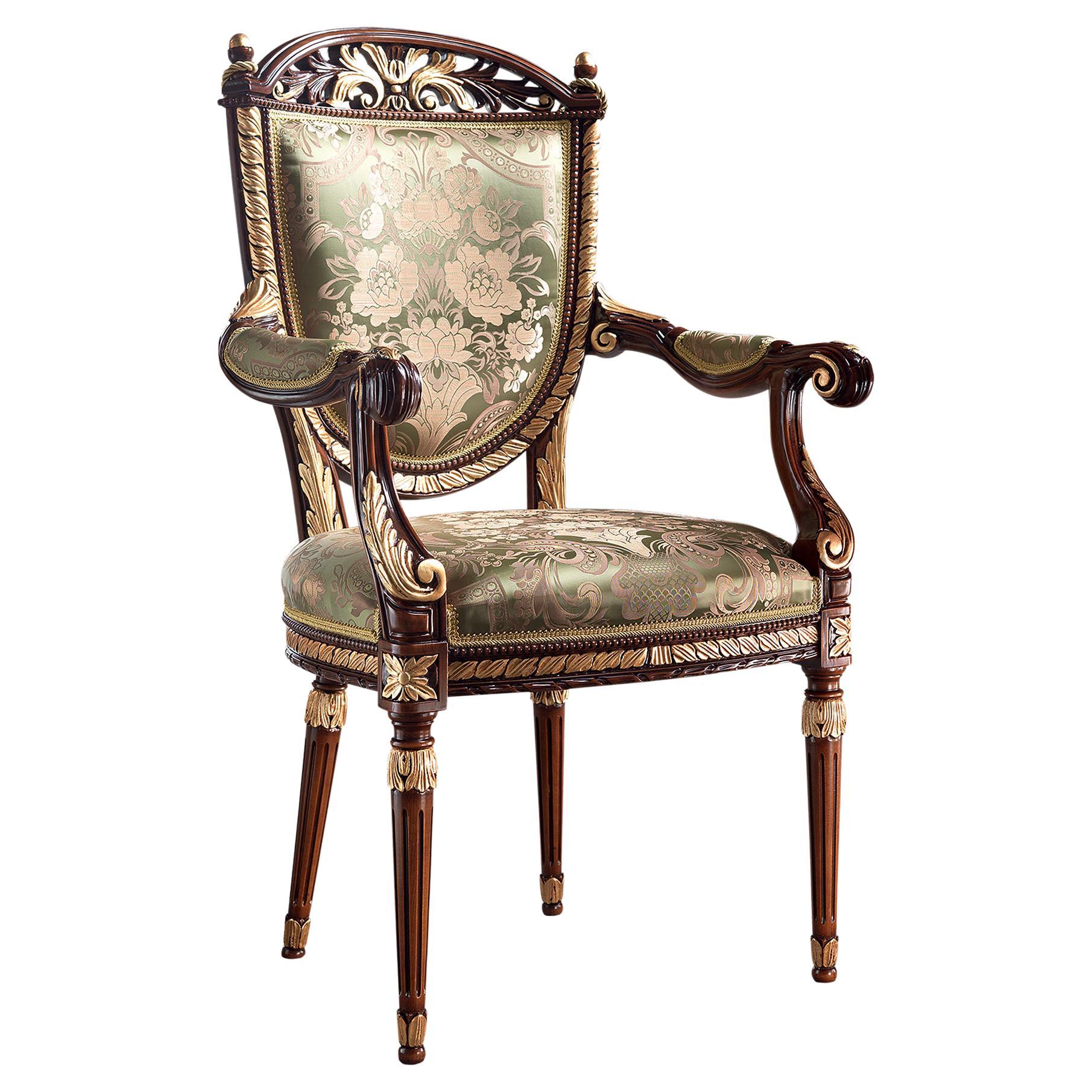 Fauteuil Empire en noyer et feuilles d'or, fabriqué à la main par la main, de style Modenese en vente