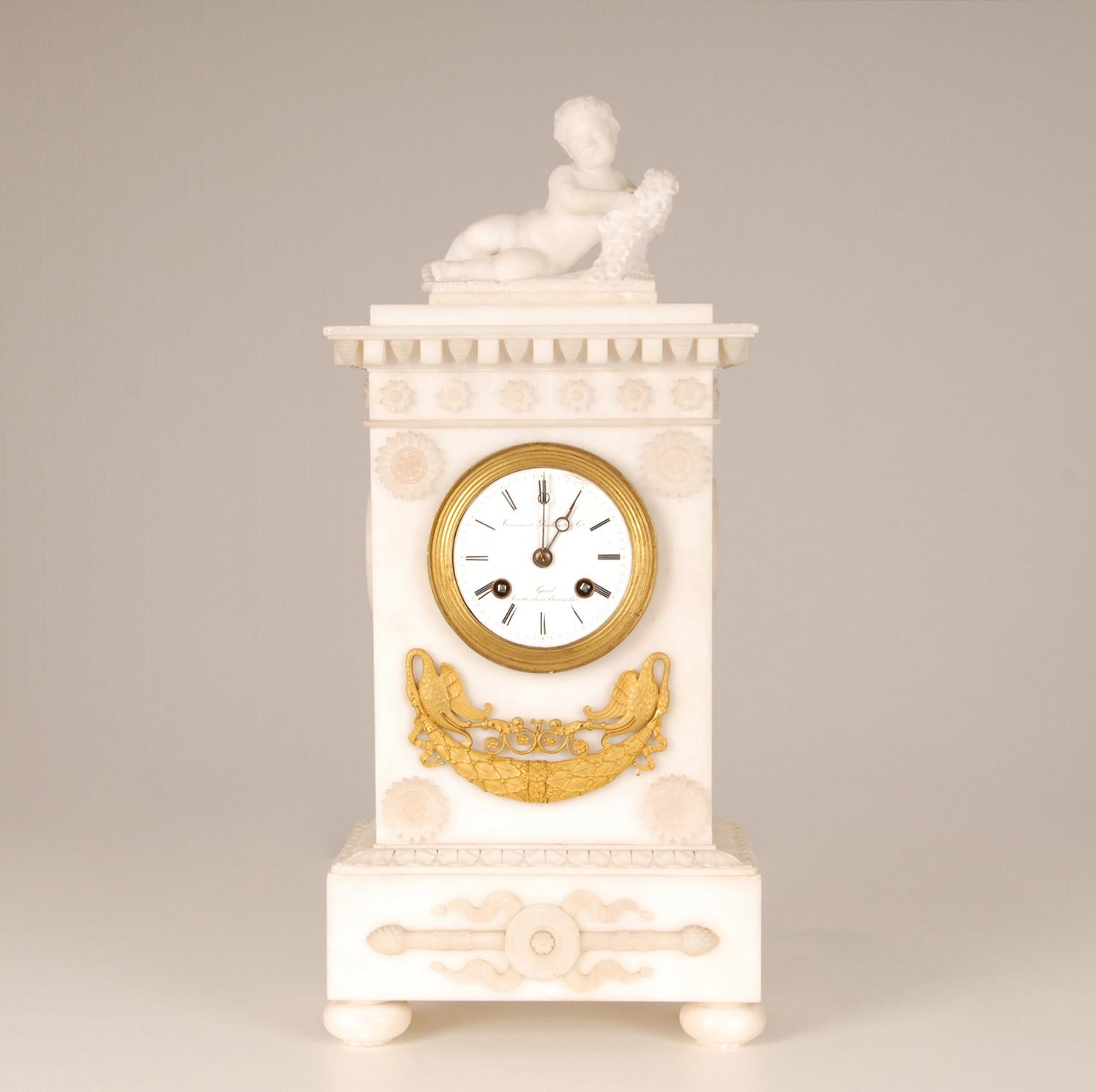 Empire White Gold Gilt Bronze and Alabaster Figural Mantel Clock Pendulum 4