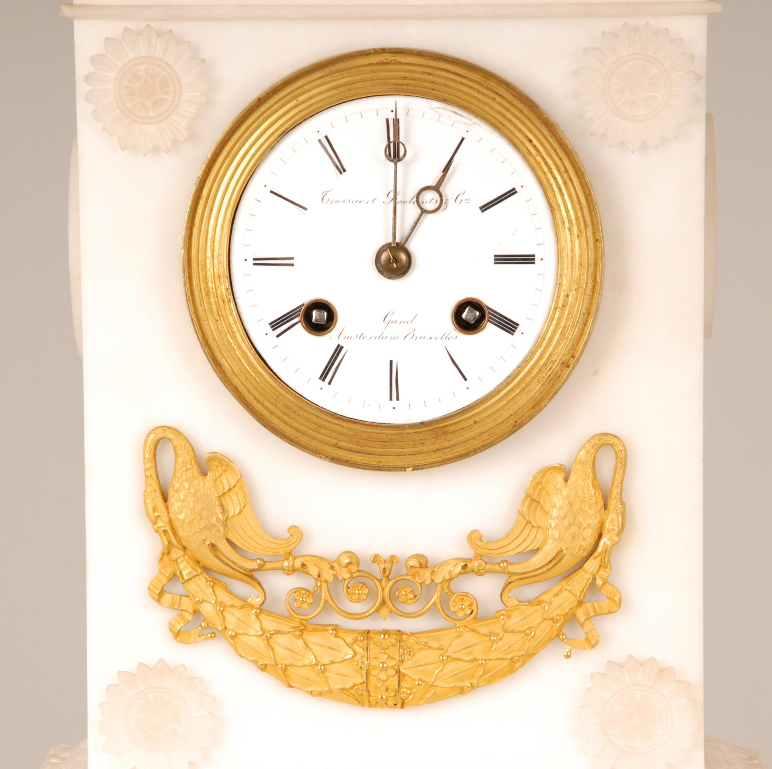 Belgian Empire White Gold Gilt Bronze and Alabaster Figural Mantel Clock Pendulum