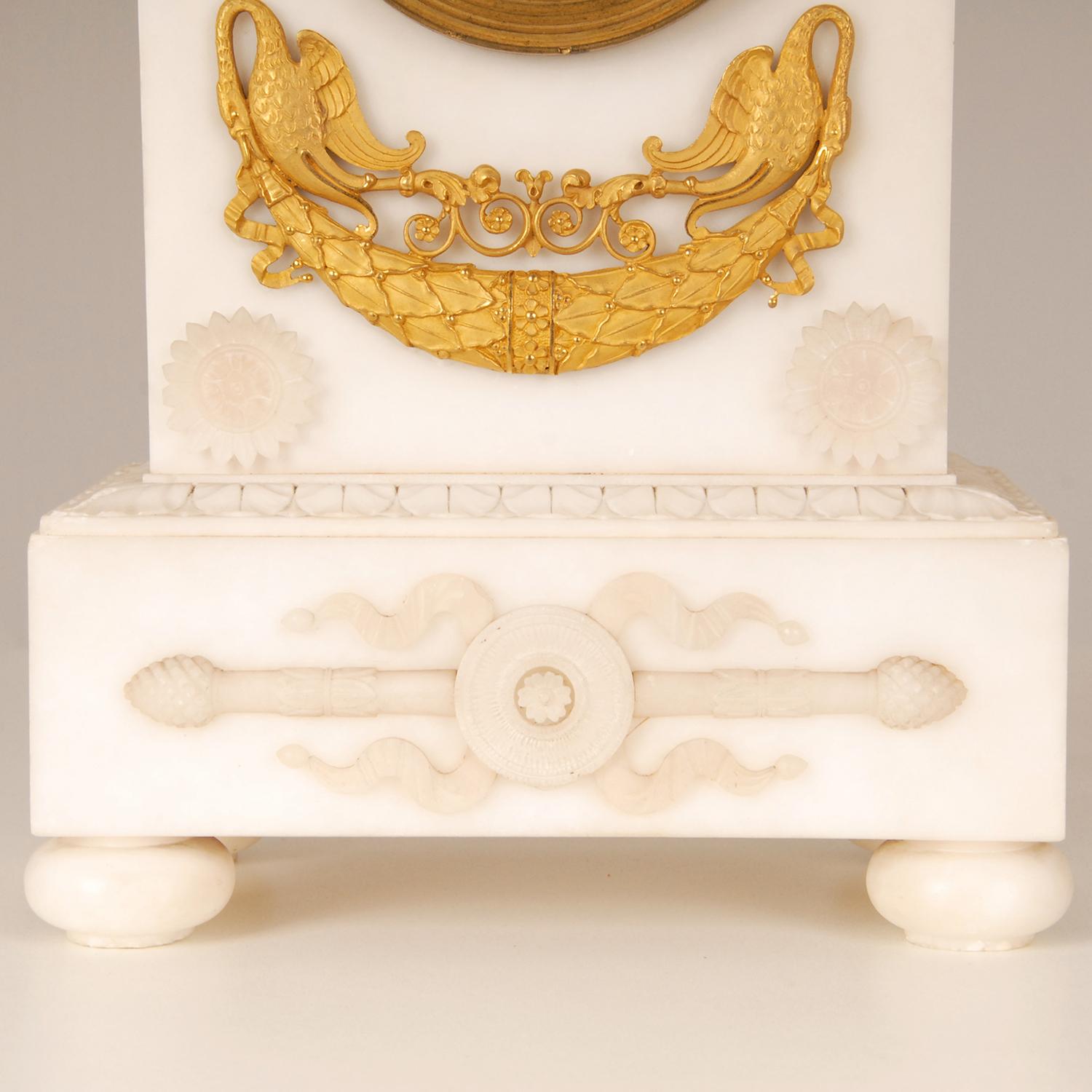 Hand-Carved Empire White Gold Gilt Bronze and Alabaster Figural Mantel Clock Pendulum